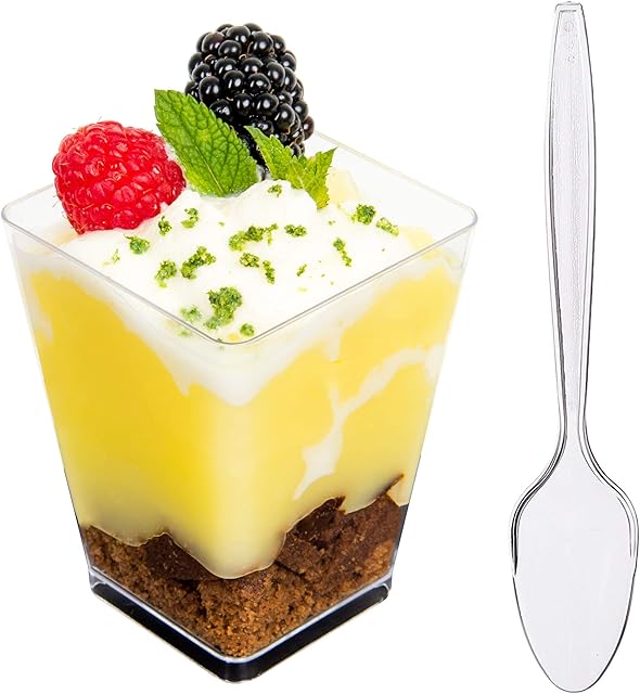 DLux 50 x 5 oz Mini Dessert Cups with Spoons, Square Large - Clear Plastic Parfait Appetizer Cup - Small Reusable Serving Bowl for Tasting Party Desserts Appetizers - with Recipe Ebook