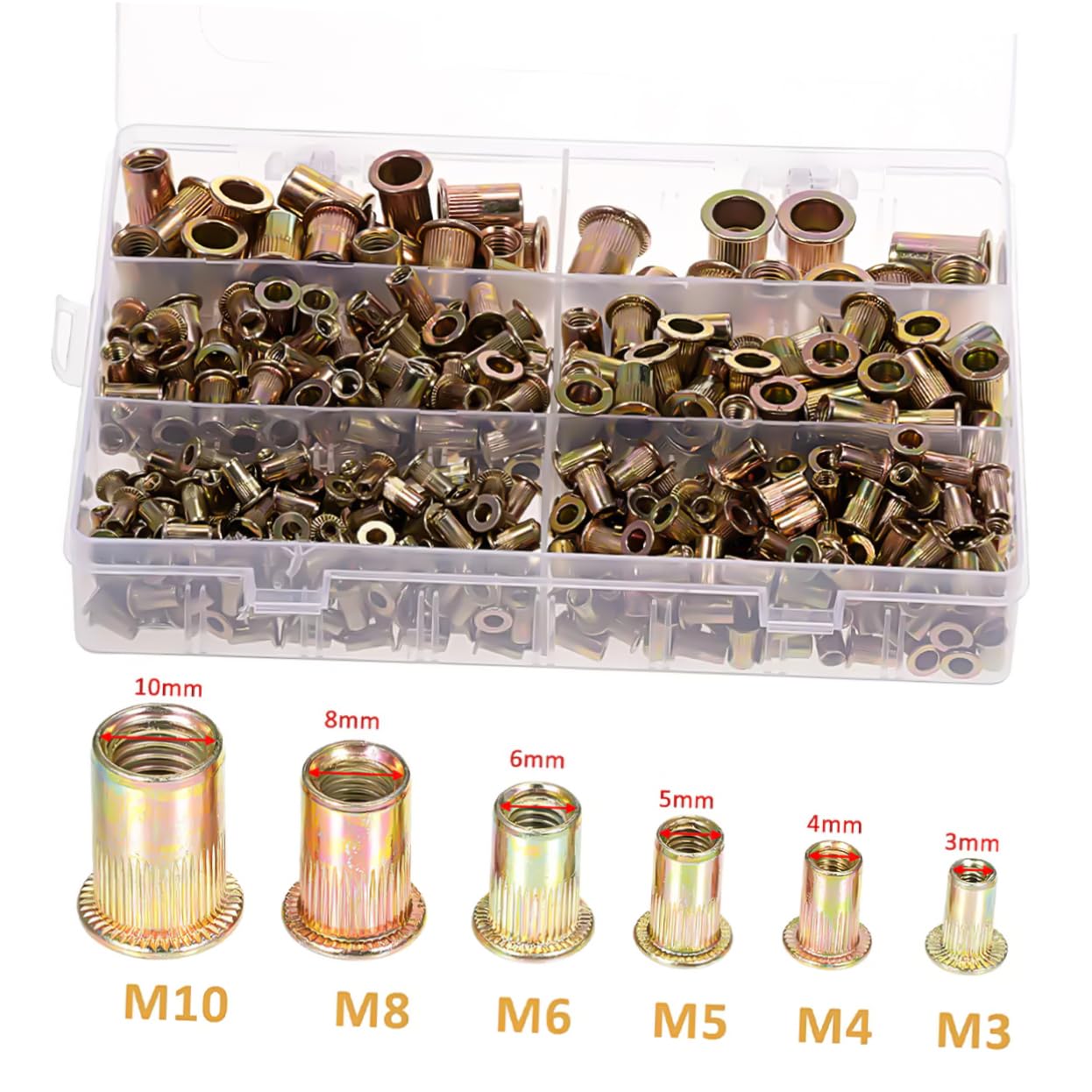 Cabilock 500 Pezzi Dado Per Rivetti a Pressione in Acciaio Al Carbonio Kit Di Dadi Per Rivetti Inserti Di Dado Rivetti Filettati Rivettare i Dadi Golden Acciaio Al Carbonio Zincato
