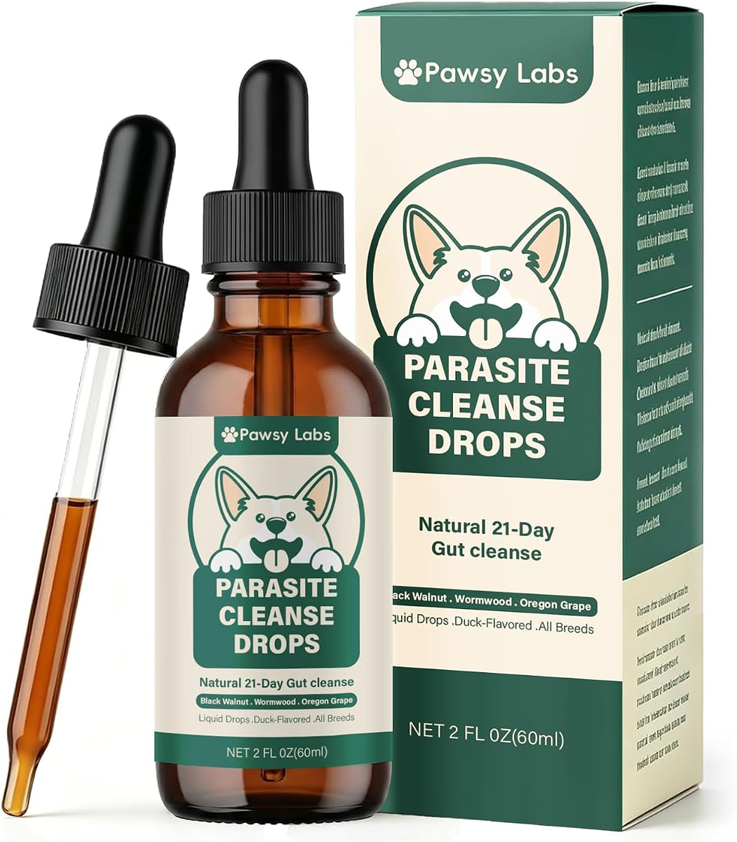 Pawsy Gotas de limpieza de parásitos, suplemento triple de probióticos, apoyo que promueve la salud intestinal y digestiva, hierbas naturales para perros de todas las edades, 2.0 fl oz (1)