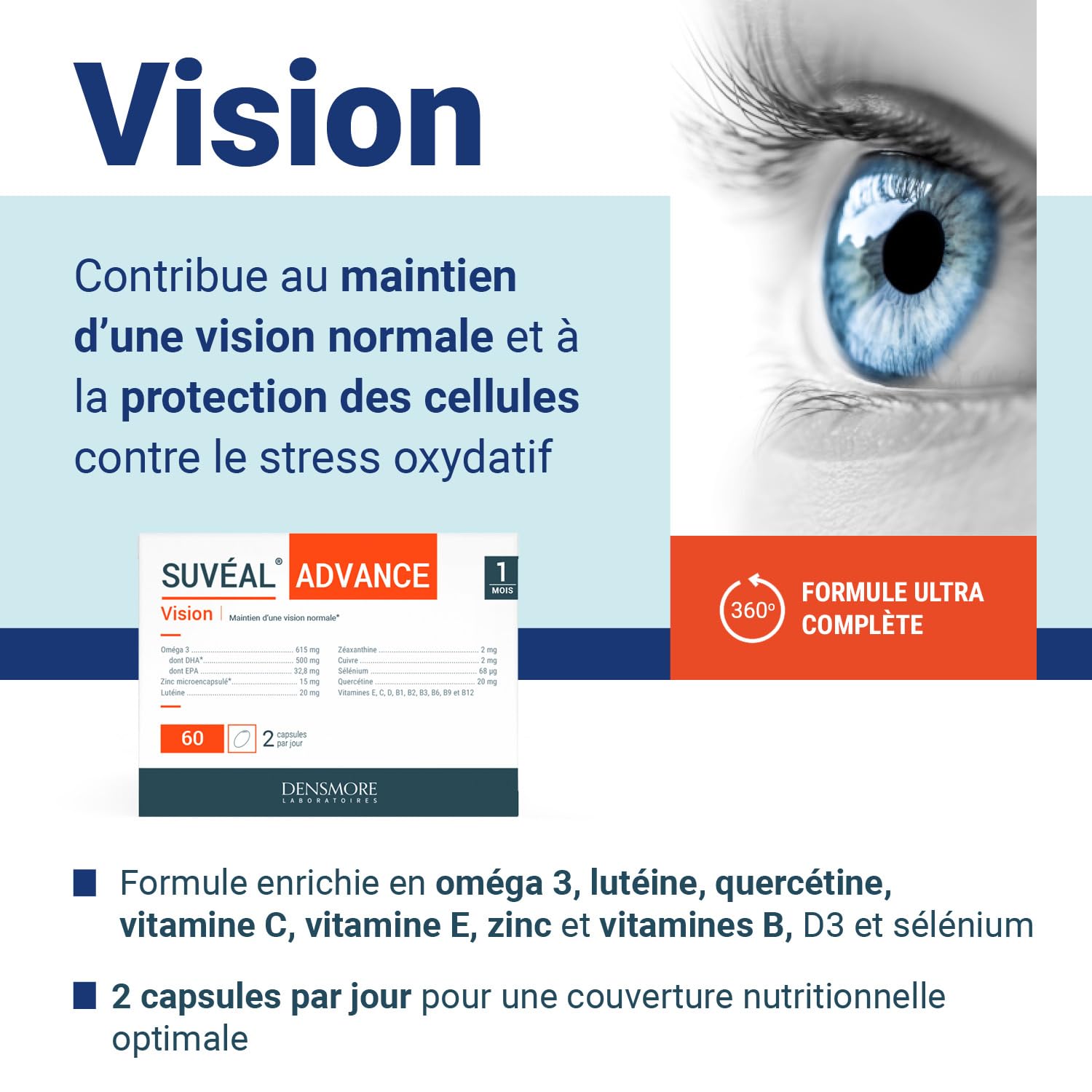 Densmore - SUVEAL Advance 1 mois - Complément Alimentaire Ophtalmologie à base d’Omega 3 (DHA), Lutéine, Zéaxanthine, Quercétine, Vitamines B, Zinc - Formule Ultra-Complète vision - Fabriqué en France
