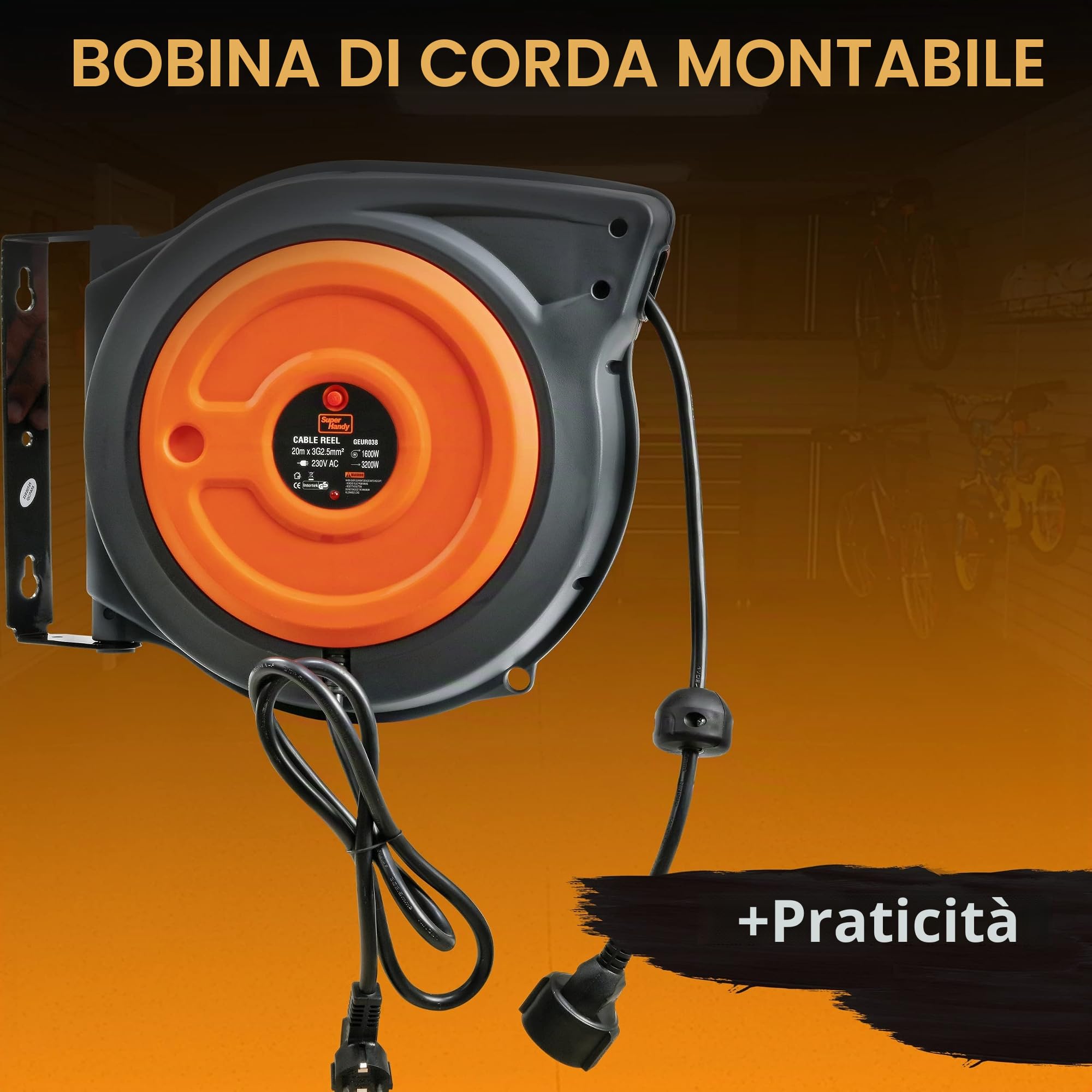 SuperHandy Prolunga Reel retrattile extra lungo 20m H05VV-F industriale polipropilene ultra Heavy Duty Commerciale Premium Grade Ultra cavo flessibile (S3) Triple presa rubinetto