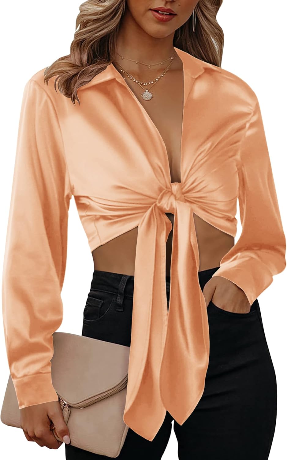 Satin Blouses for Women Sexy Long Sleeve Silk Shirts Tie Front Deep V-Neck Wrap Crop Top