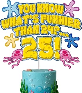 Whats Funnier Than 24 25 Cake Topper, Yellow Sponge 25th Birthday Cake Decorations, Single Sided Glitter Cardstock with Acrylic Stick, Funny 25th Birthday Supplies, Funny 25th Party for Women Men