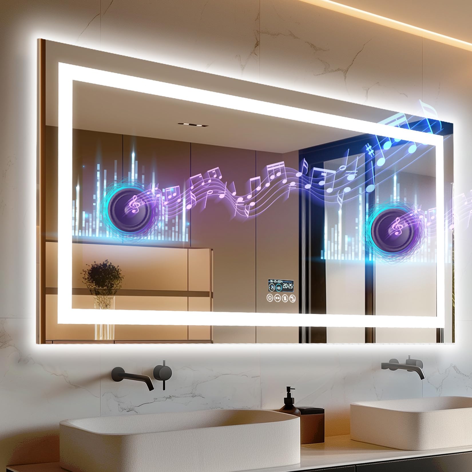 LUVODI Bathroom Mirror with LED Lights: 1600x800mm Large Wall Illuminated Mirror with Bluetooth Dimmable 3 Colours Front Light + Backlit, Anti-fog, Memory Function, Time Temperature Display