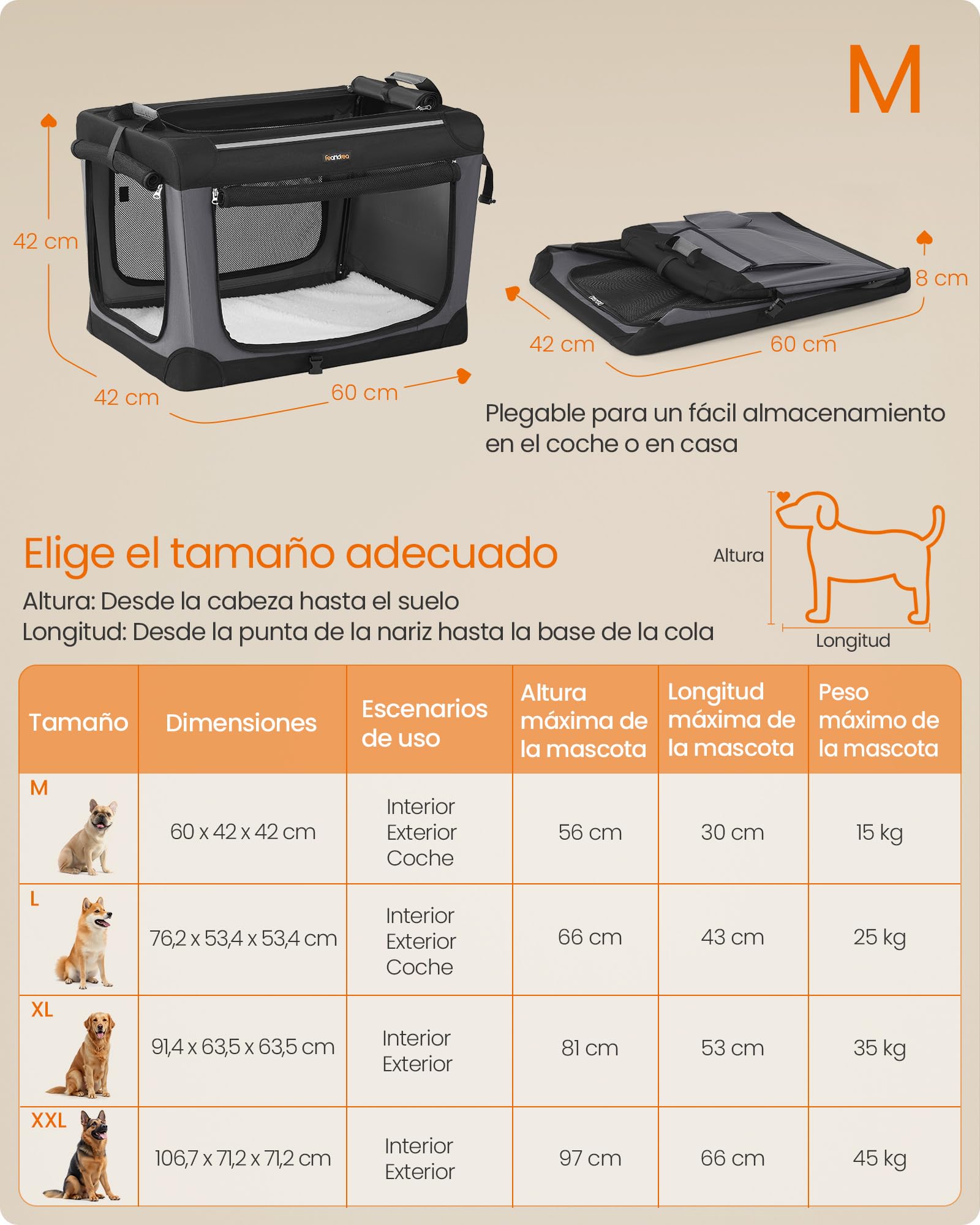 Feandrea Transportín para Perros, Plegable, 60 x 42 x 42 cm, para Perros Pequeños, Tela Oxford, Puertas de Malla, Asas y Bolsillo de Almacenamiento, Negro Tinta PDC016B01