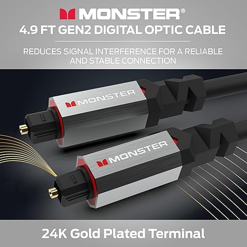 Vista 2 de Monster Gen2 Essentials Digital Optical Toslink Cable, Sound Bar Optical Audio Cable with Gold Connectors, 4.9ft
