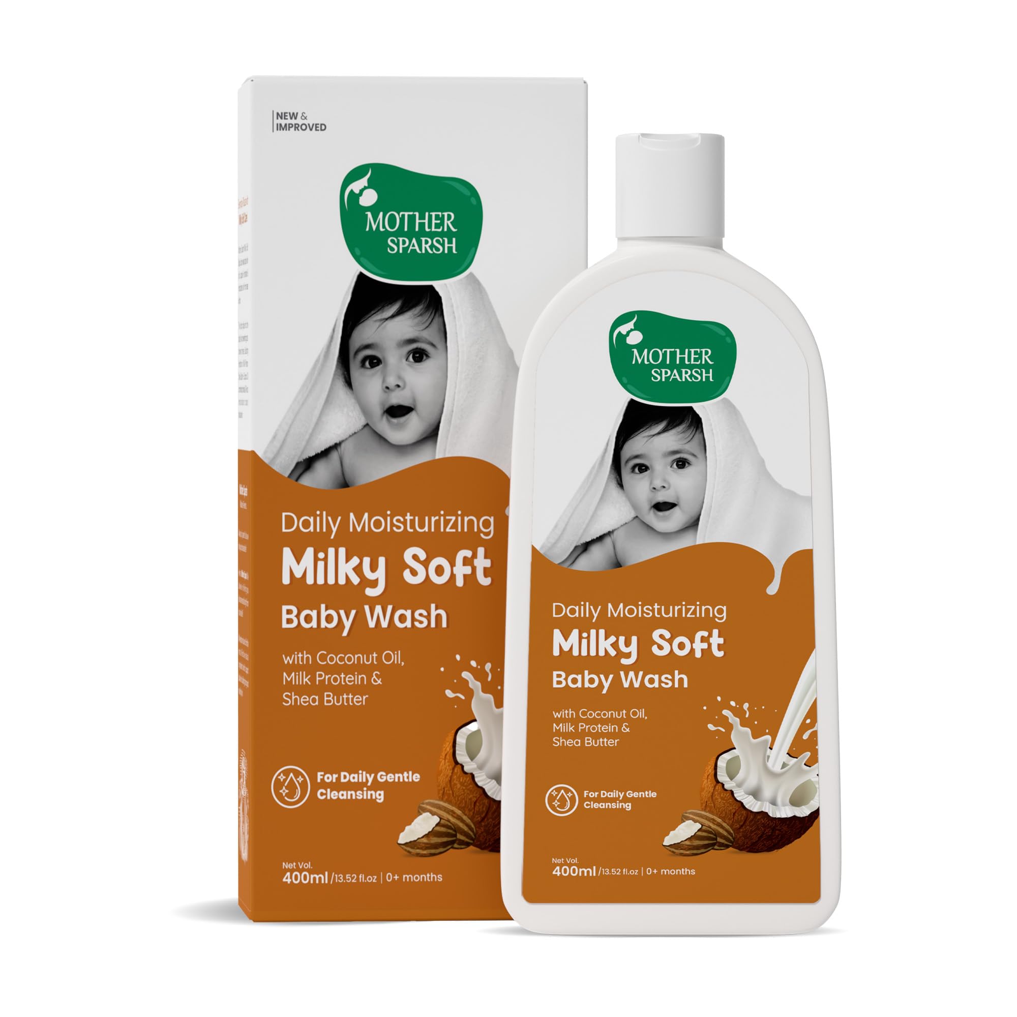 Mother Sparsh Milky Soft Baby Body Wash - 400ml | With Milk Protein & Coconut Oil | pH Balanced & Paraben free Natural Baby Wash | Tear Free Formula for Baby Bath