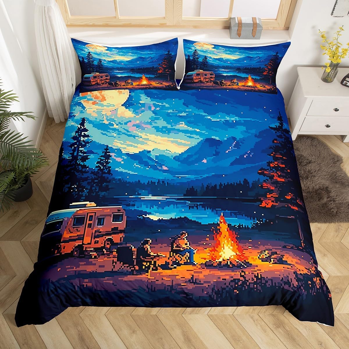 Erosebridal Lake Life Bedding Set Twin,Rustic Buffalo Plaid Patchwork Comforter Cover for Women Men Adults,Happy Camping Bed Set,Mountain Lake Life Duvet Cover with 1 Pillow Case Bedroom Decor