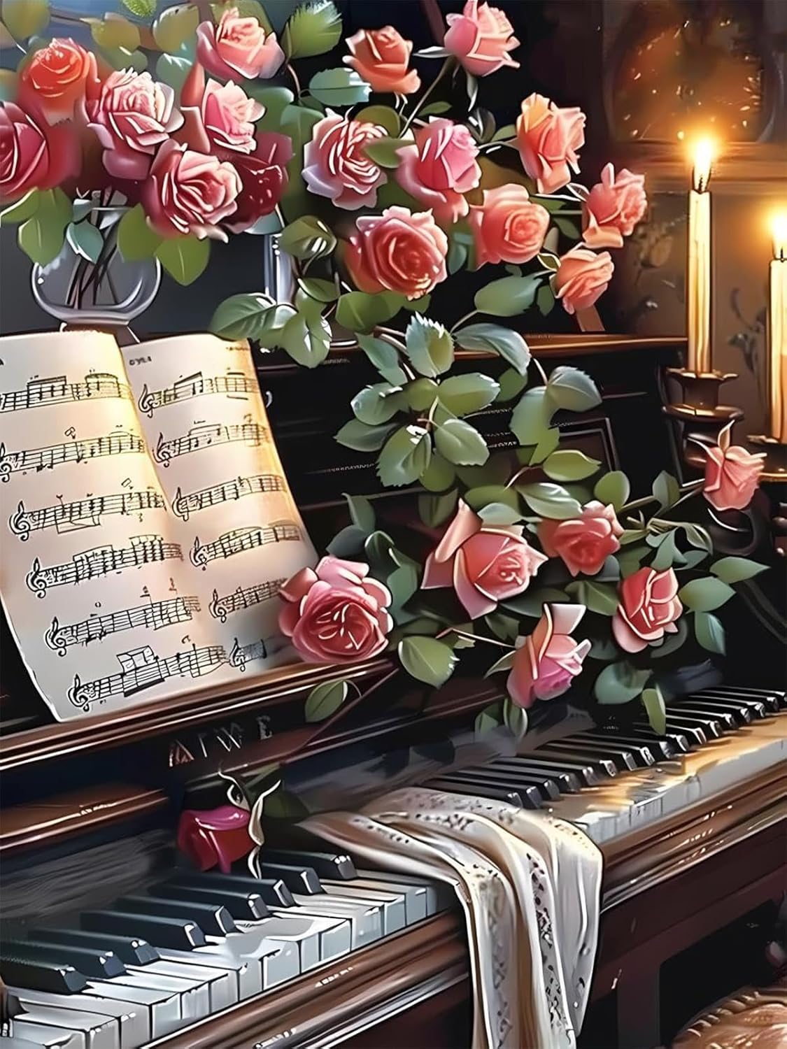 UPABLUNSO Diamond Painting Kits The Piano with The Roses Diamond Painting Adults Full Drill Diamond Paintings Kit Crafts Piano Diamond Painting Packs Art Home Wall Decor 12x16 inch