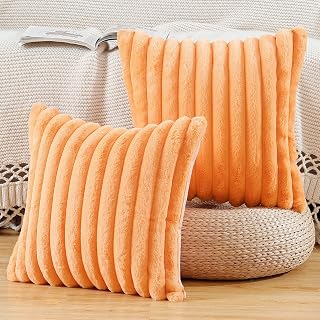 MADIZZ Set of 2 Faux Wool Plush Decorative Throw Pillow Covers 16x16 Inch Orange Fluffy Striped Soft Decorative Cushion Cover for Sofa Bedroom Pillow Shell