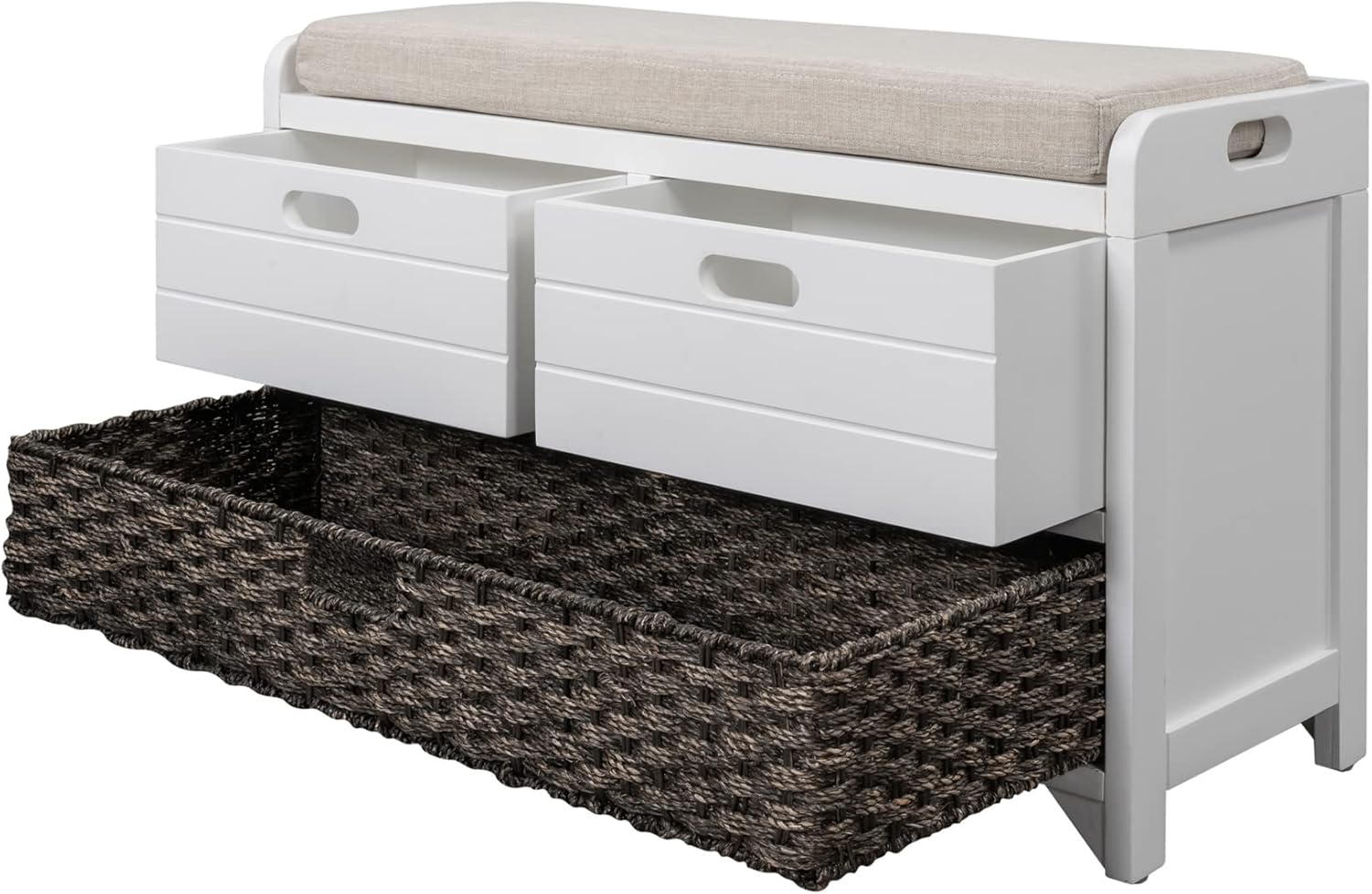 Entryway Bench with Cushion Rustic Wooden Shoe Storage Bench with 2 Drawers 1 Removable Baskets for Living Room, Bedroom, Hallway, Mudroom, Fully Assembled, White