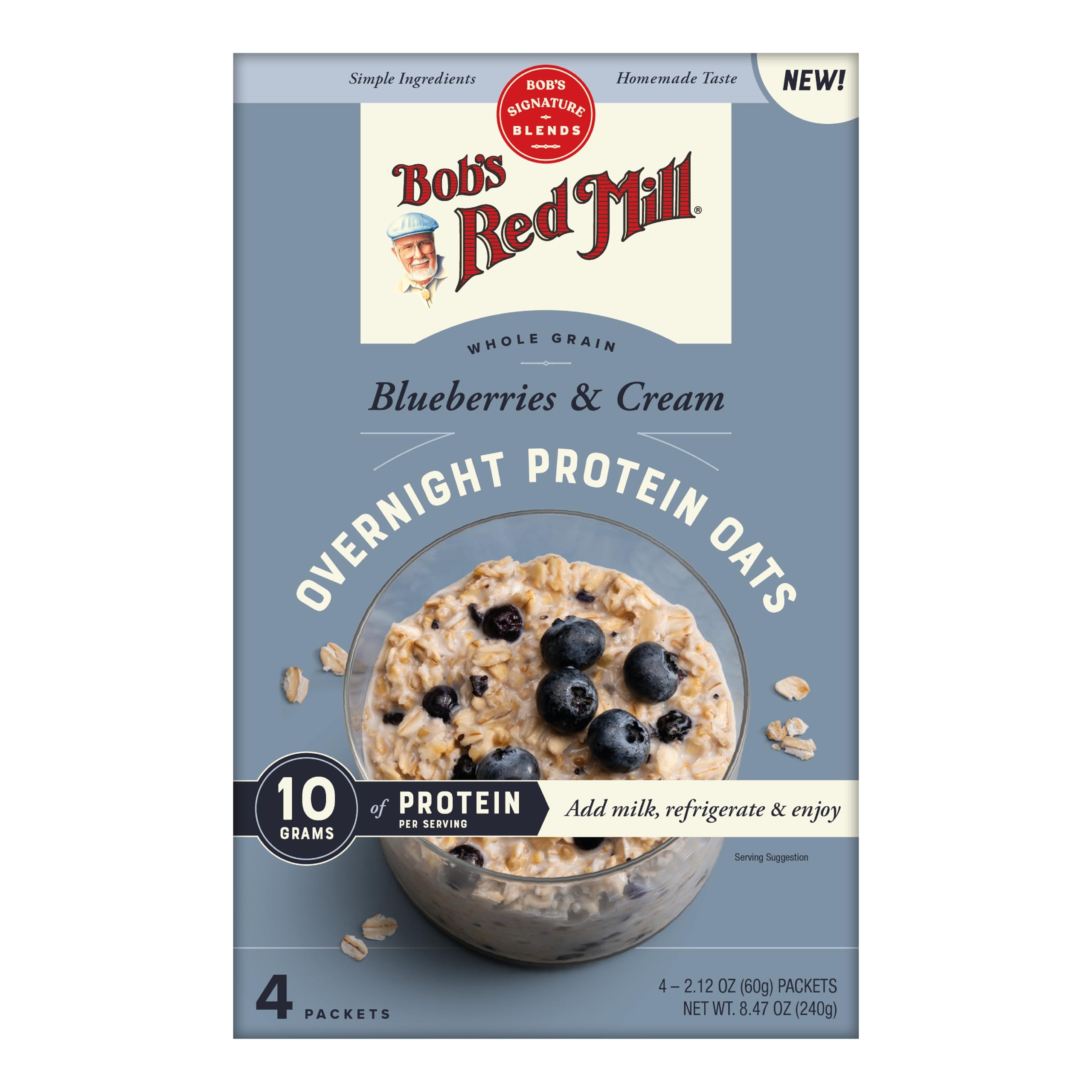 Bob's Red Mill Blueberries & Cream Overnight Instant Protein Oats, 8.47 oz (4 Count)