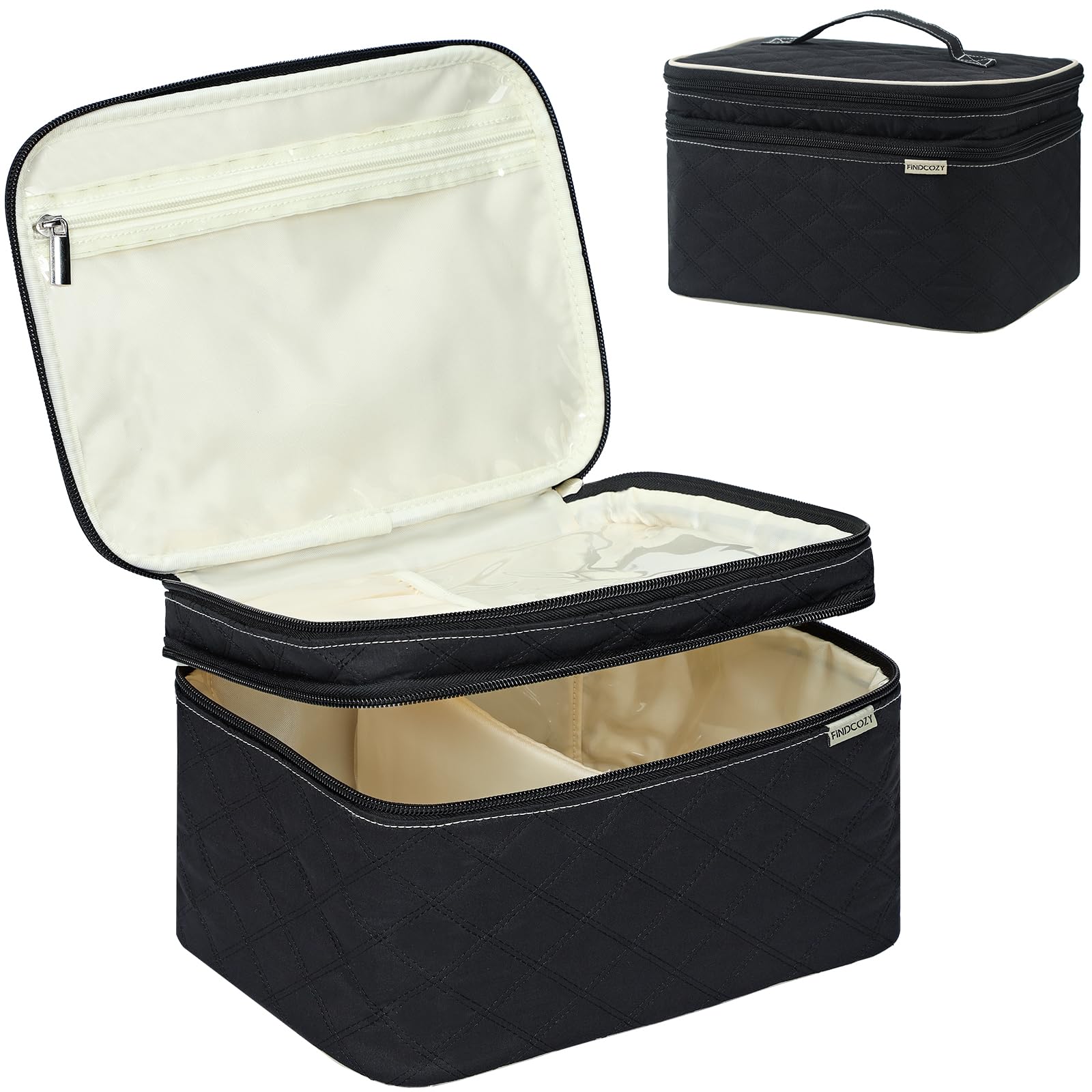 FINDCOZY Large Travel Makeup Bag, Double Layer Cosmetic Case for Women, Organizer for Travel Accessories Brushes, Beauty, Eyeshadow Palette, Lipstick, Pink