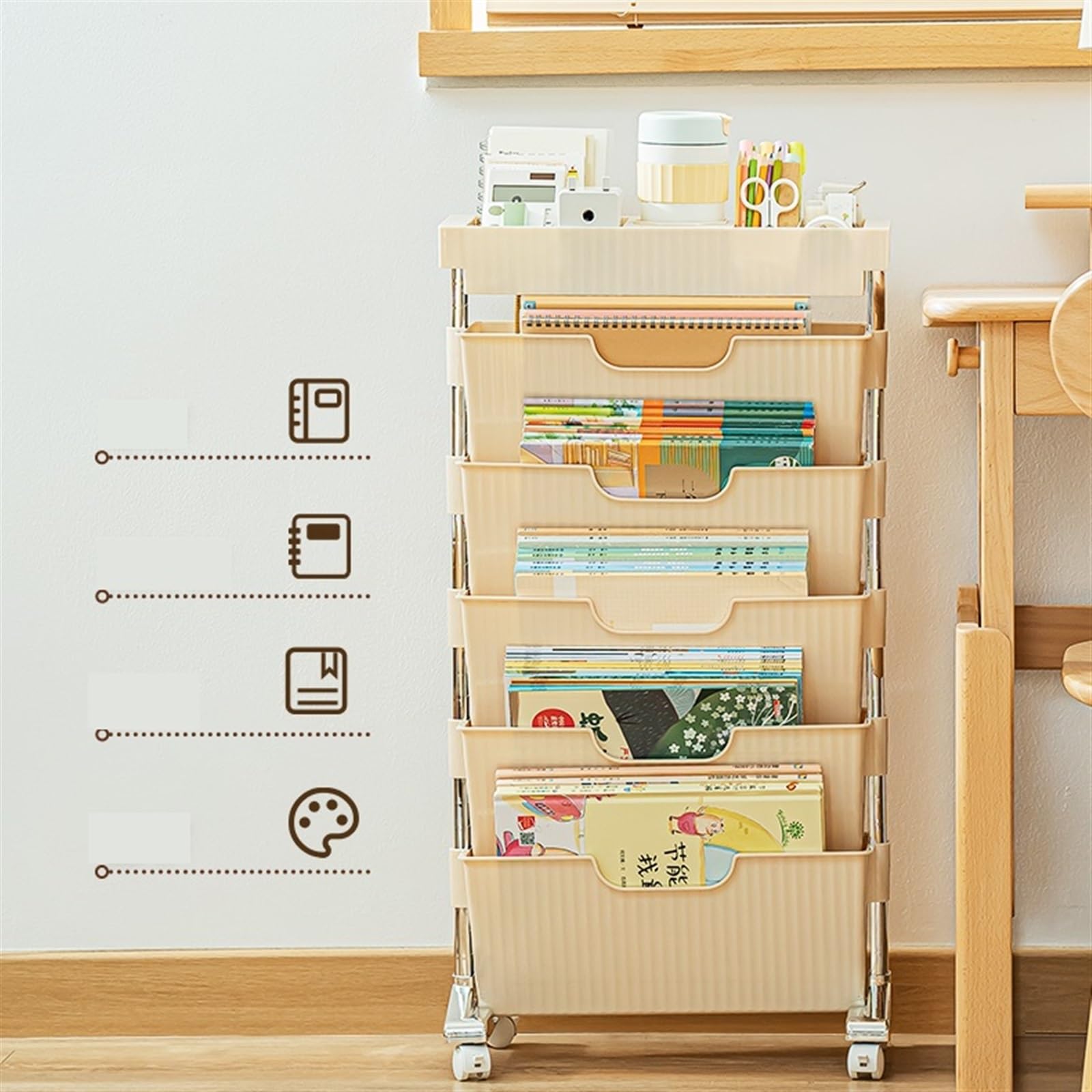 Pionowa półka do przechowywania bocznego mobilnego biurka, półka na dokumenty, stojak na książki Organizacja