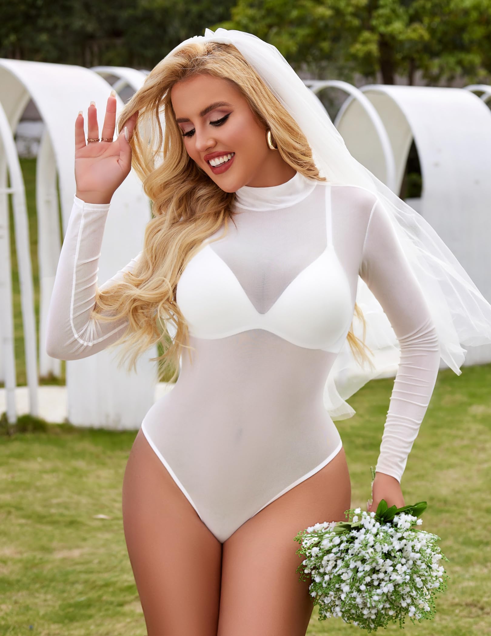Avidlove Long Sleeve Bodysuit for Women Turtleneck Sheer Mesh Bodysuit Geo Print Leotards: X-Large White02