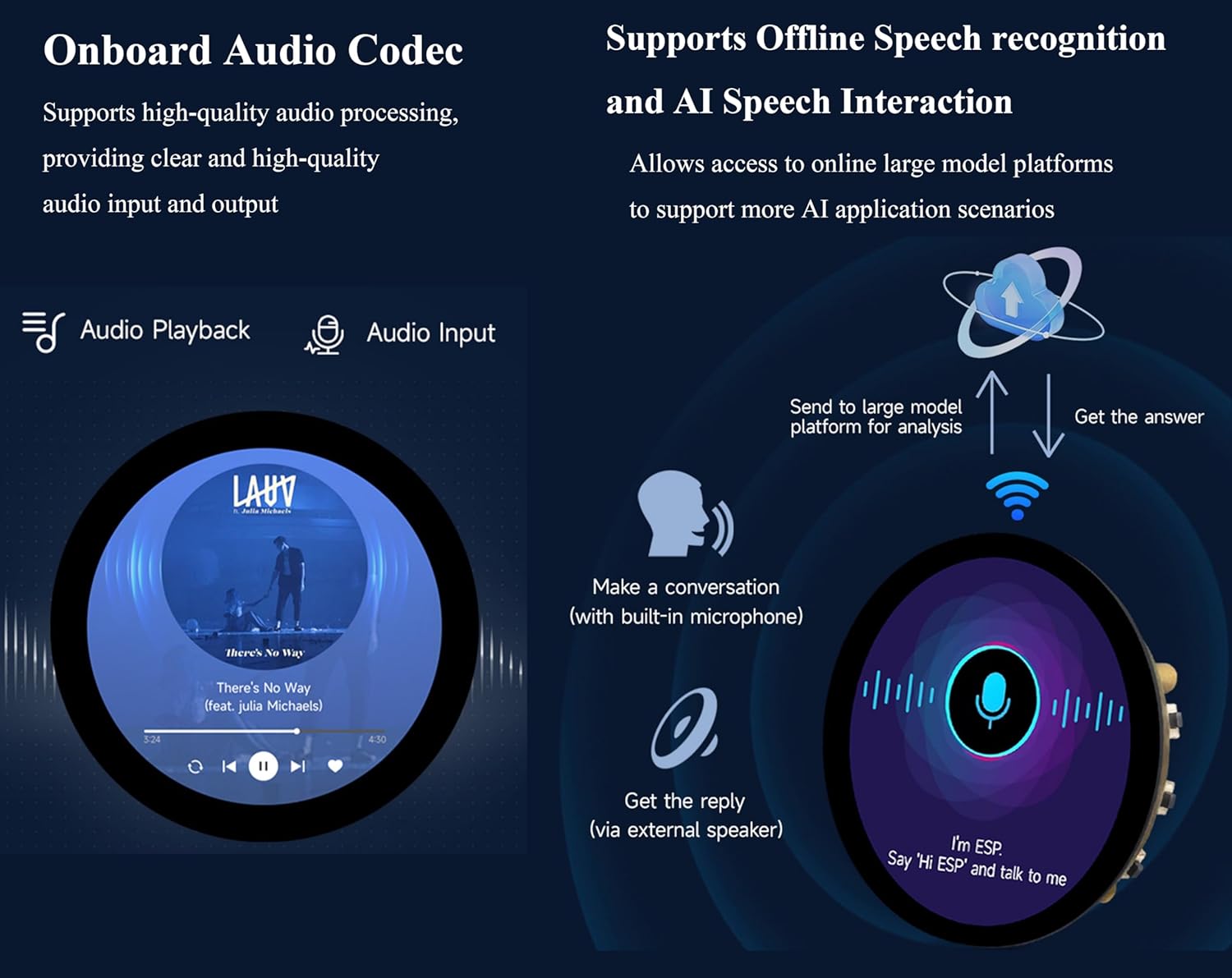 ESP32-S3 1.85inch Round Display Development Board, 360×360 IPS LCD, Dual-Core Processor Up to 240MHz, Audio Codec, Support Offline Speech Recognition and AI Speech Interaction, with 8Ω 2W Speaker