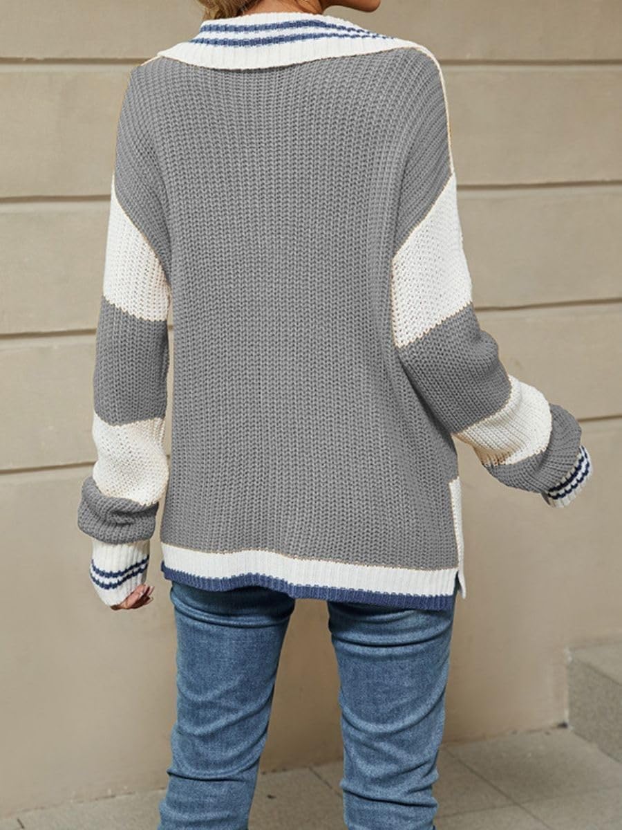 Maglione Pullover Autunnale Lavorato a Maglia a Blocchi di Colore a Maniche Lunghe con Collo a V e Collo a Righe Casual da Donna