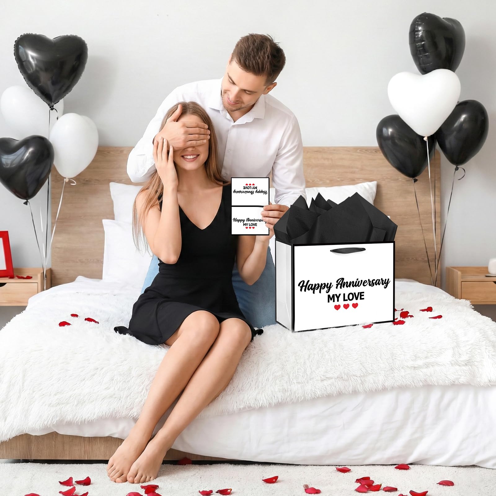 Happy Anniversary My Love Gift Bag Wedding Anniversary White Gift Bags with Wrapping Paper and Card Romantic Milestone Anniversary Celebration Party Favor Bag Decorations Goodie Supplies for Husband Wife Couples Him Her