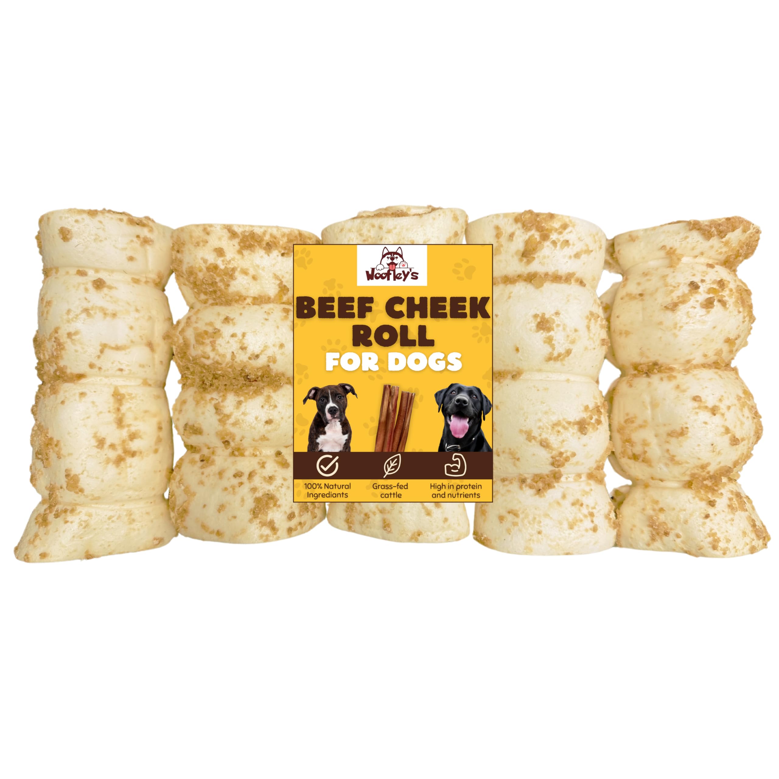Woofley's 5-6" Bully Dusted Beef Cheek Roll - (5 Count)- Beef Cheek Rolls for Dogs - Long Lasting Natural Dog Chews