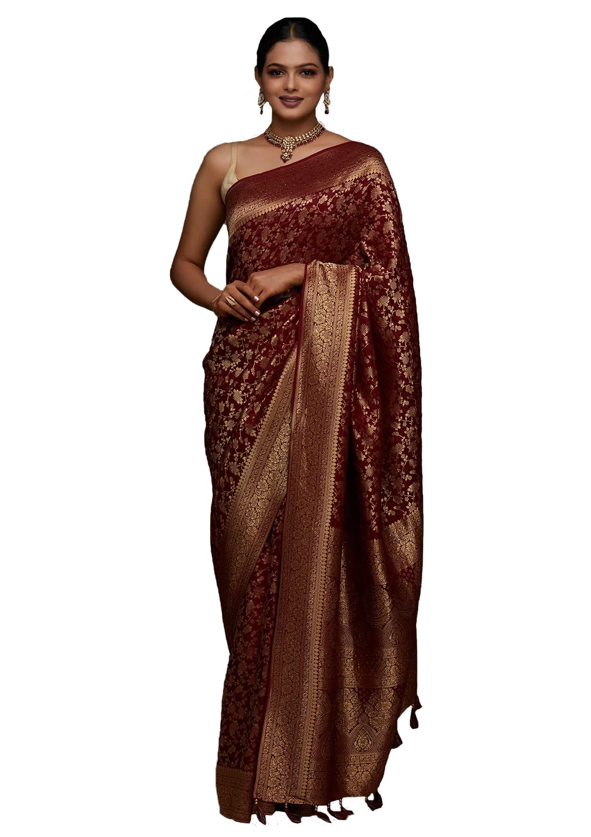 Pujia Mills Damen Zari Arbeit Kanjivaram Weiche reine Seide Banarasi Sarees mit ungesäumtem Blusenteil