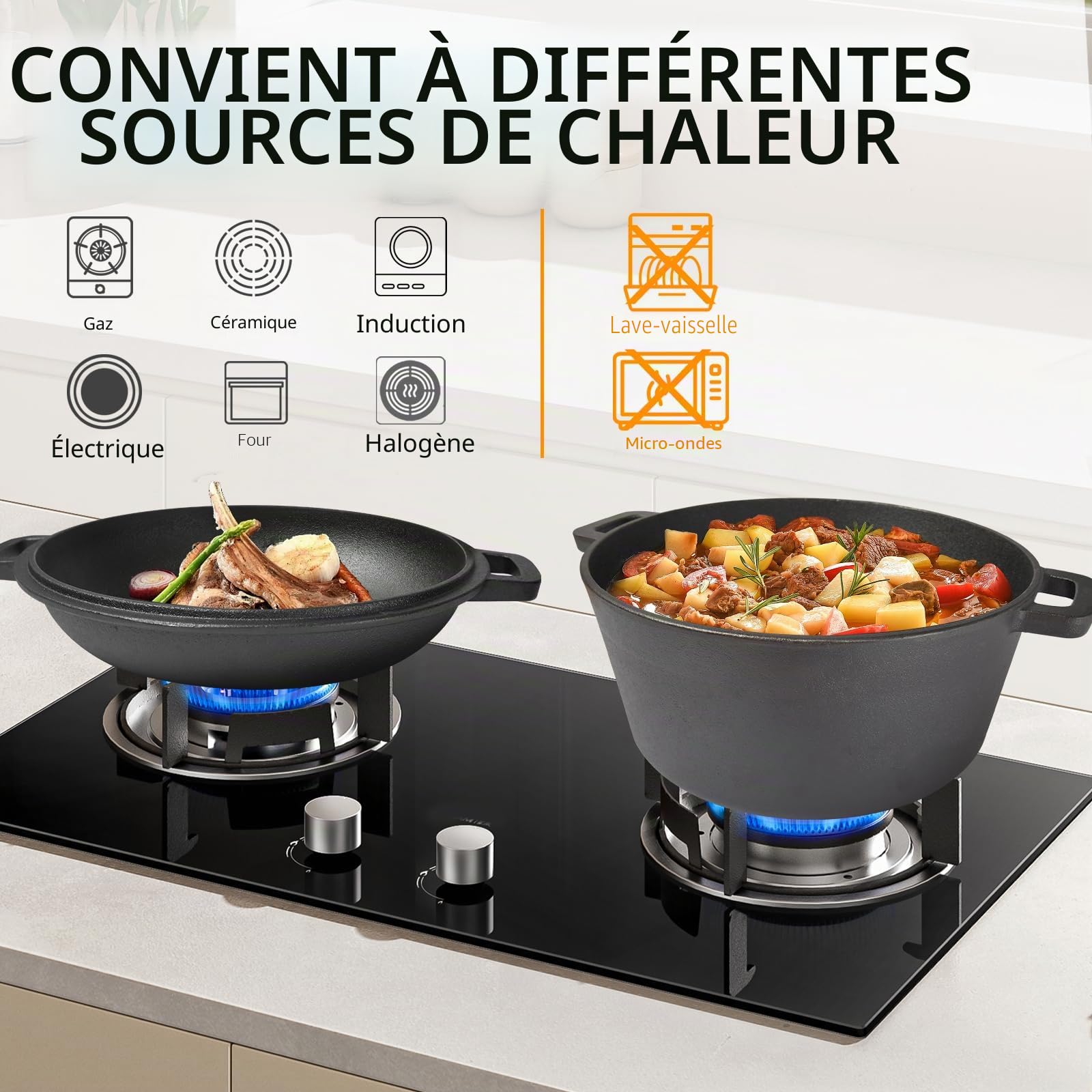 Casserole en fonte de 4,5 l - Couvercle tout-en-un - Idéale pour la cuisson du pain, le ragoût et la cocotte - Compatible avec induction, gaz, camping, feu, barbecue et barbecue - 26 cm