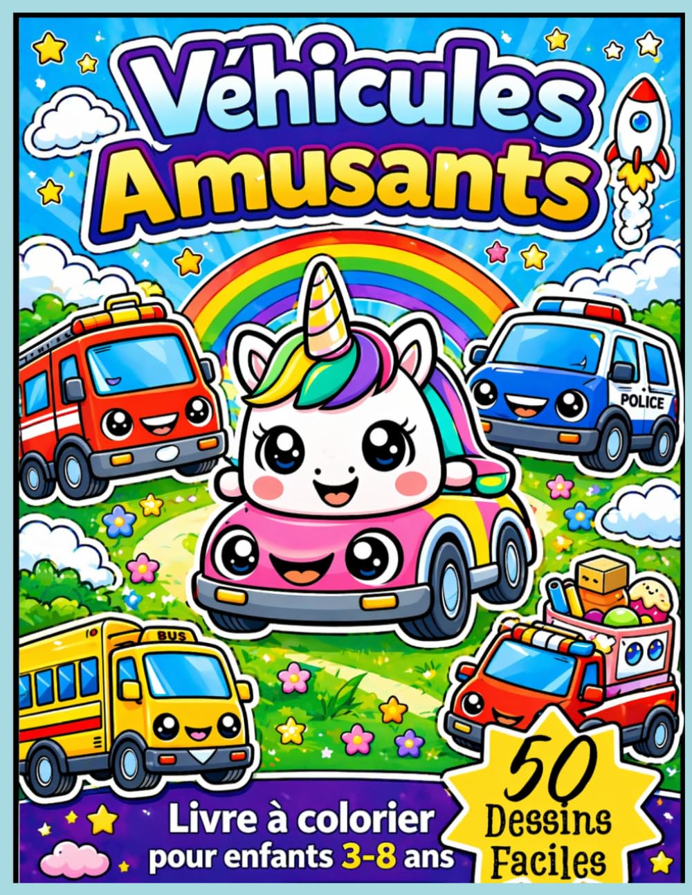 Véhicules amusants – Livre à colorier pour enfants 3-8 ans | 50 dessins faciles de voitures, camions et engins: Coloriage simple et amusant pour ... | Développe la créativité et la motricité