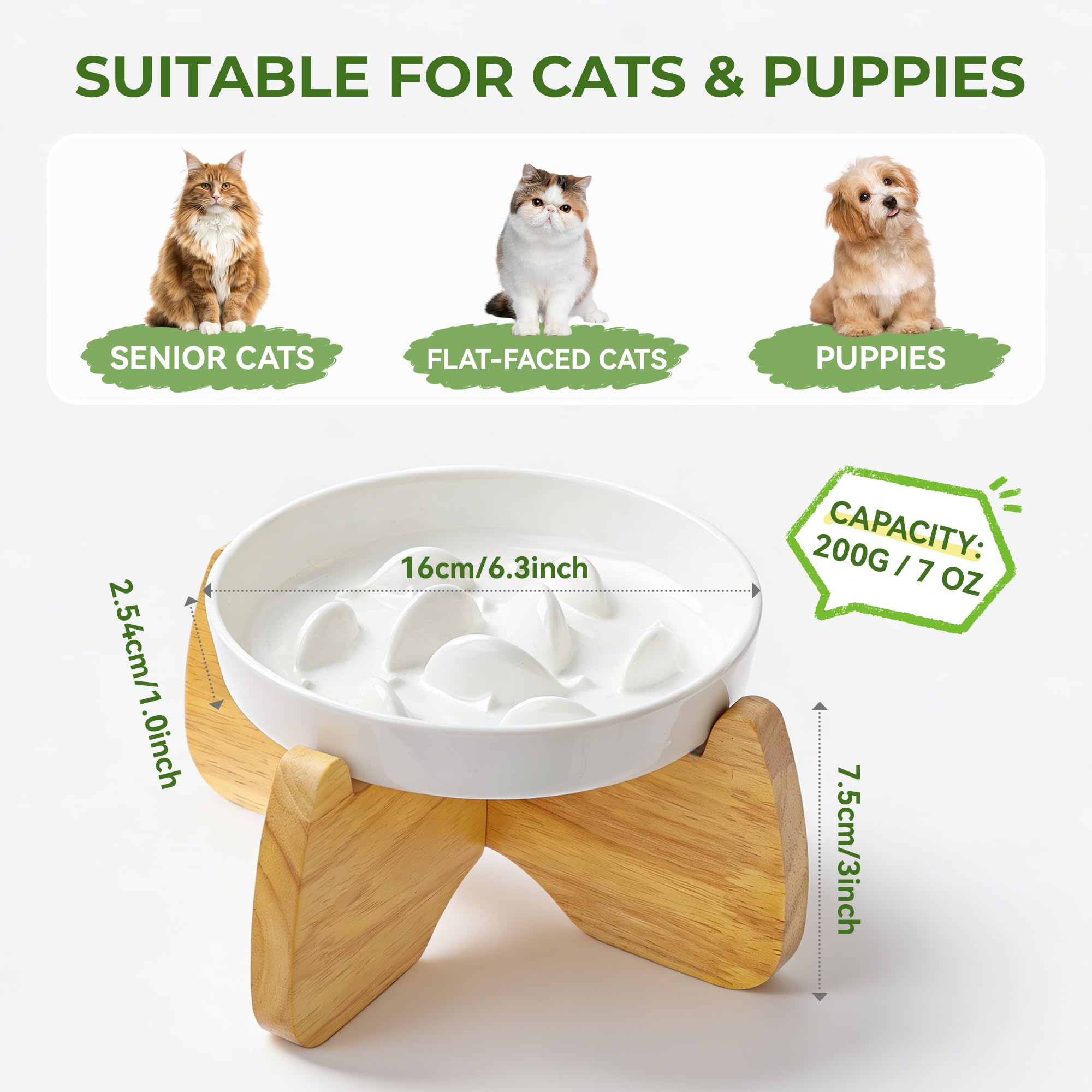 Gamelle Anti Glouton Chat Surélevée avec Support, 16 cm Large, Peu Profond Gamelle Anti-Glouton Chat Céramique pour Croquettes et Pâtée,Réduit Les Vomissements,Lavable au Lave-Vaisselle(2 Pack)