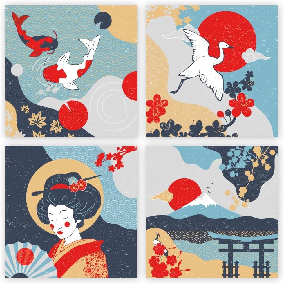 Mixed pack of blank greeting cards and envelopes, 12 note cards 4 different Japanese style designs, blank greeting inside notelet and envelope sets. (14x14cm)