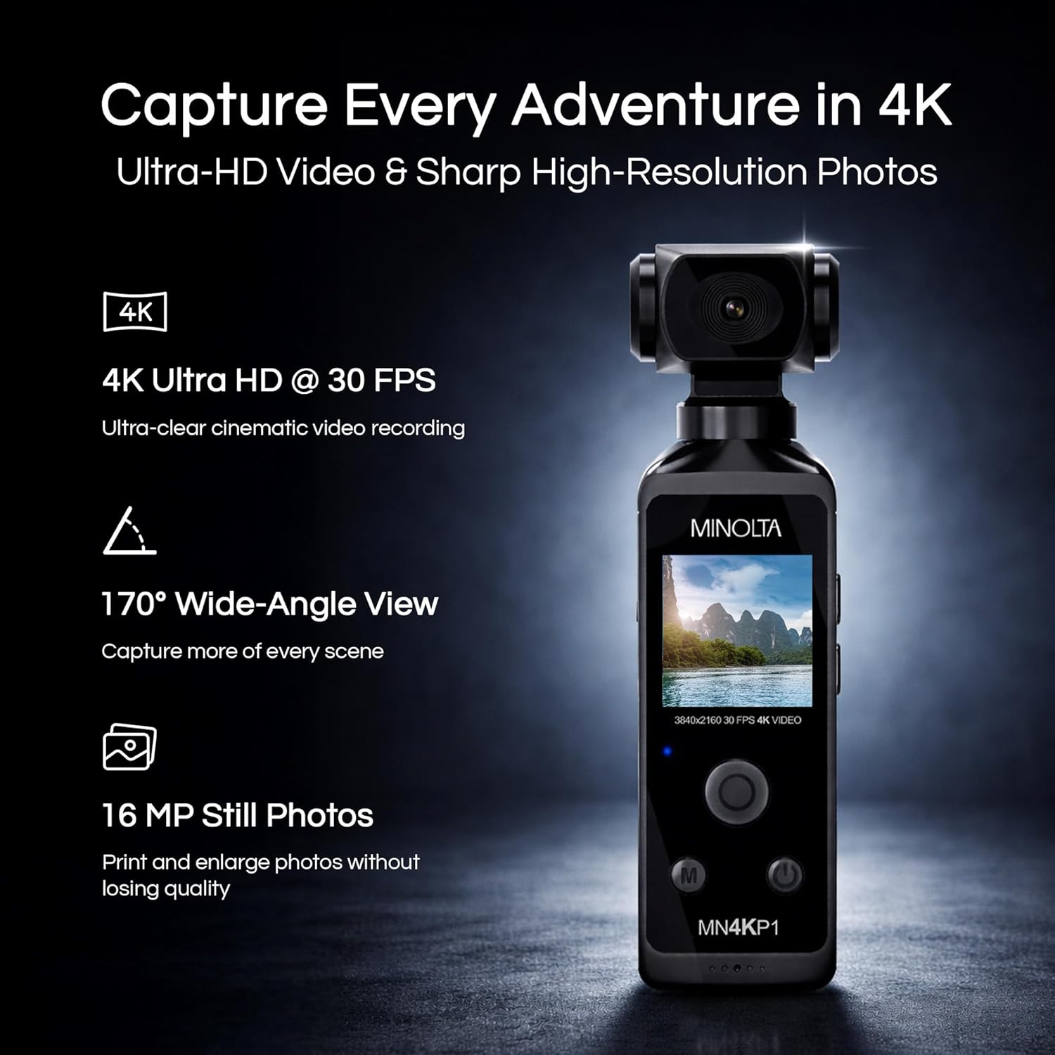 Minolta 4K Ultra HD Pocket Camcorder – WiFi Enabled Action Camera with 16MP Photos, 170° Wide Angle Lens, 270° Rotating Head, Slow Motion, 1.3-inch Display - 16GB Card & Waterproof Case (Black)