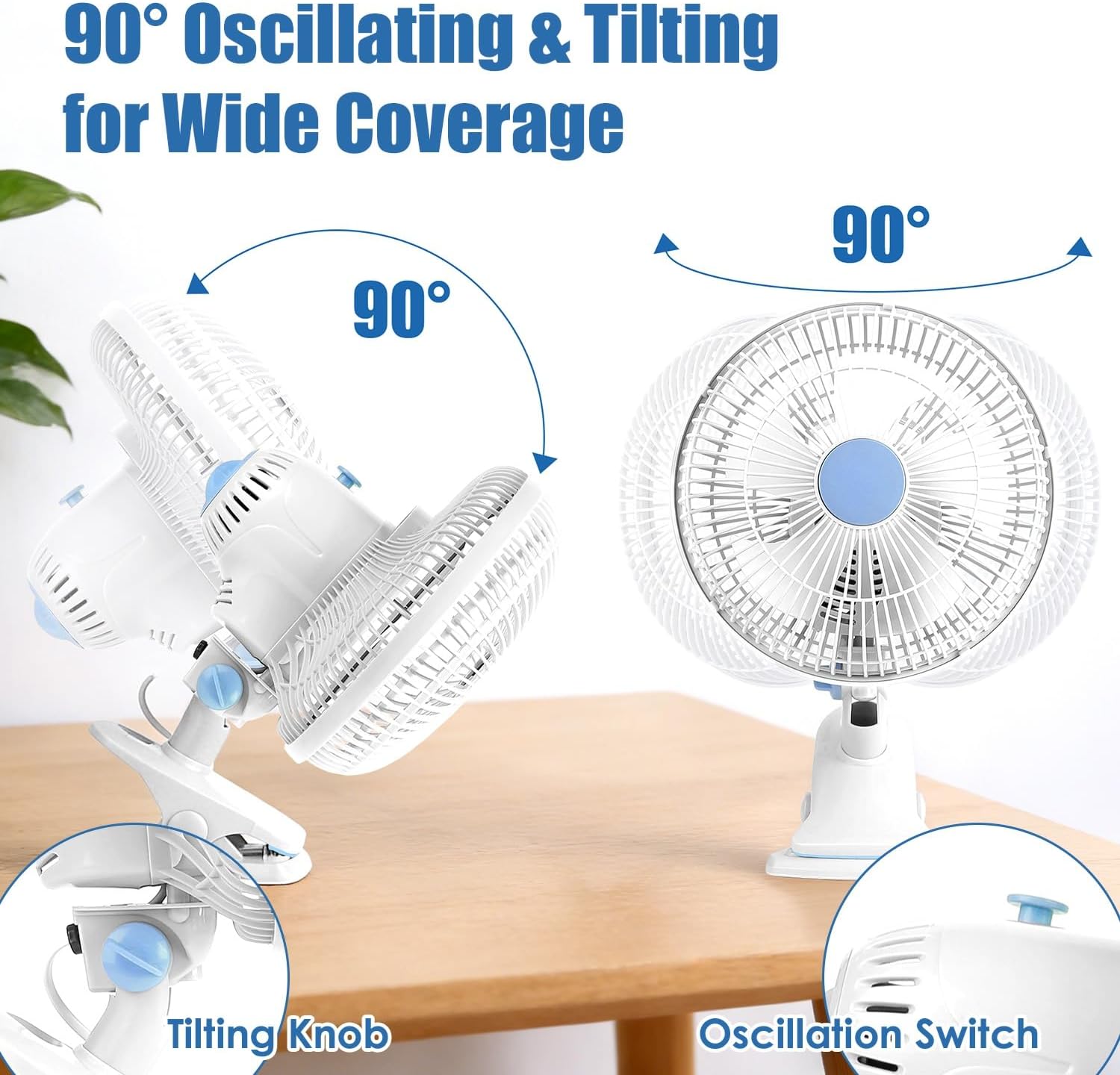 Clip On Fan with 2 Speeds, 90° Oscillating Small Fan for Bed Desk, Portable Clip Fan Plug in for Office Bedroom, Wall Hanging, Speeds Low Noise for Daily Use