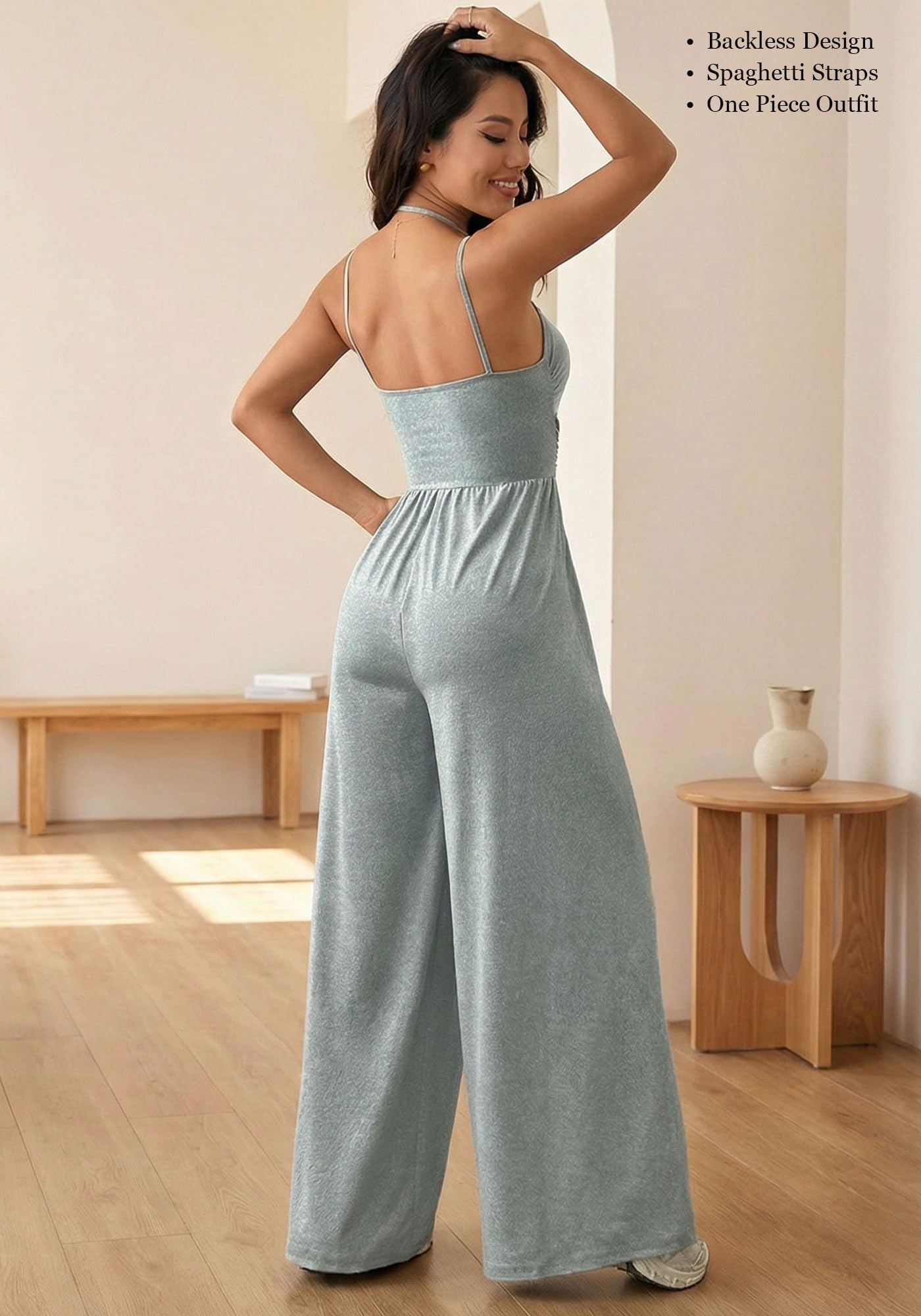 Damen Jumpsuit One Piece Outfit mit weitem Bein, Rückenfrei, Ärmellos, Spaghettiträger für Sommer, Urlaub, Freizeit Date