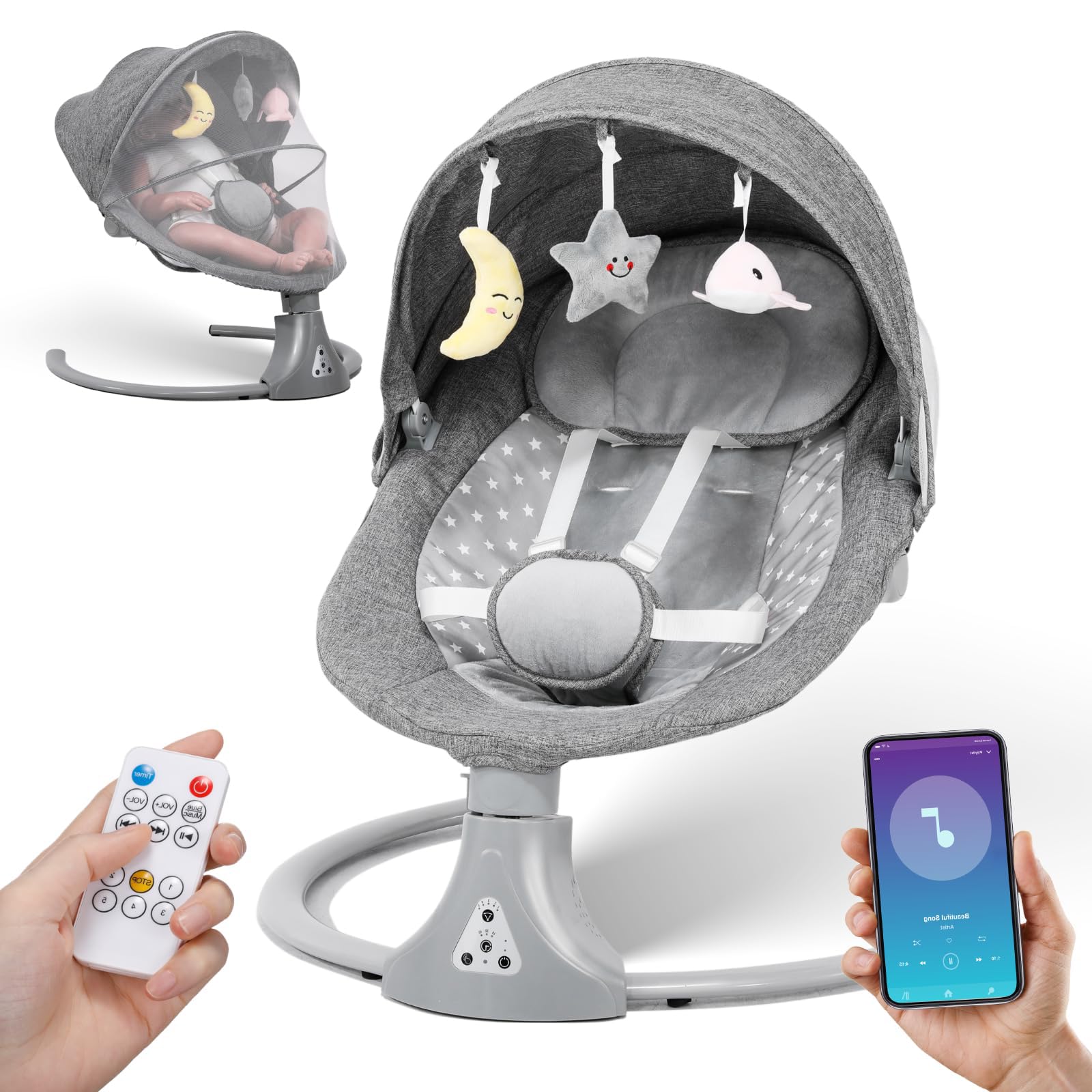 Mecedora Eléctrica para Bebé: Inalámbrica, Control Remoto y App, 5 Velocidades, 12 Melodías y 3 Temporizadores, 3 Ajustes de Altura, Arnés de 5 Puntos, Mecedora para Bebe con Mosquitera (Gris)