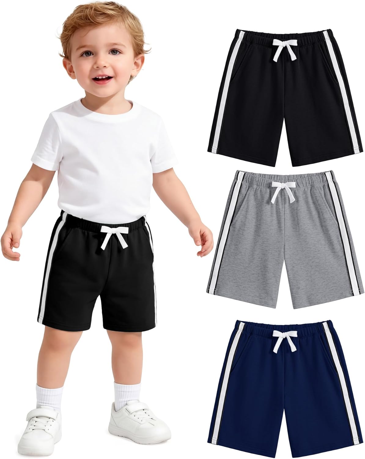 3 Pack Toddler Boys Athletic Shorts Stretchy French Terry Short with Pocket for Baby Boy Size 18M-5T