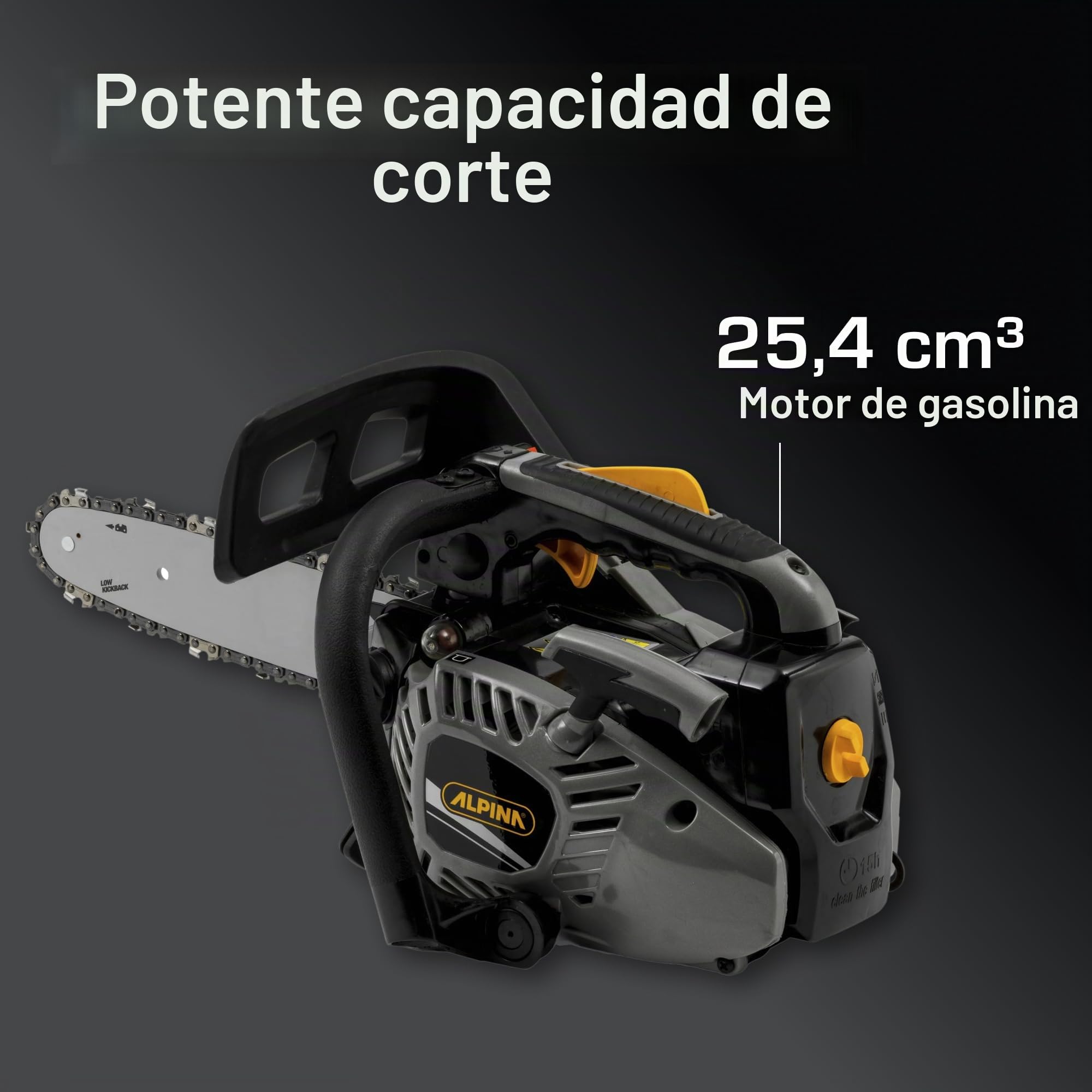 Alpina Motosierra de poda APR 25 (10)'', Para la corte de madera, Barra de corte 25 cm (10''), Motor de gasolina 25.4 cc, 900 W, Velocidad de la cadena 21 m/s, Bomba de aceite regulable