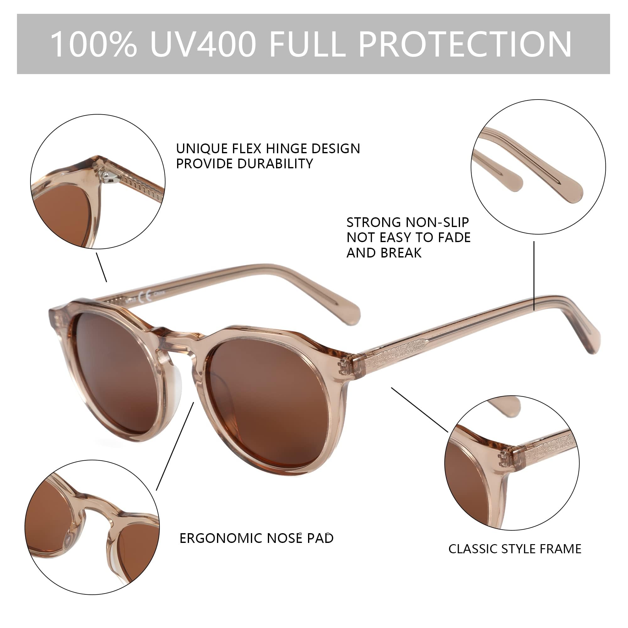 Occhiali da sole vintage rotondi polarizzati per uomo e donna con protezione UV400.