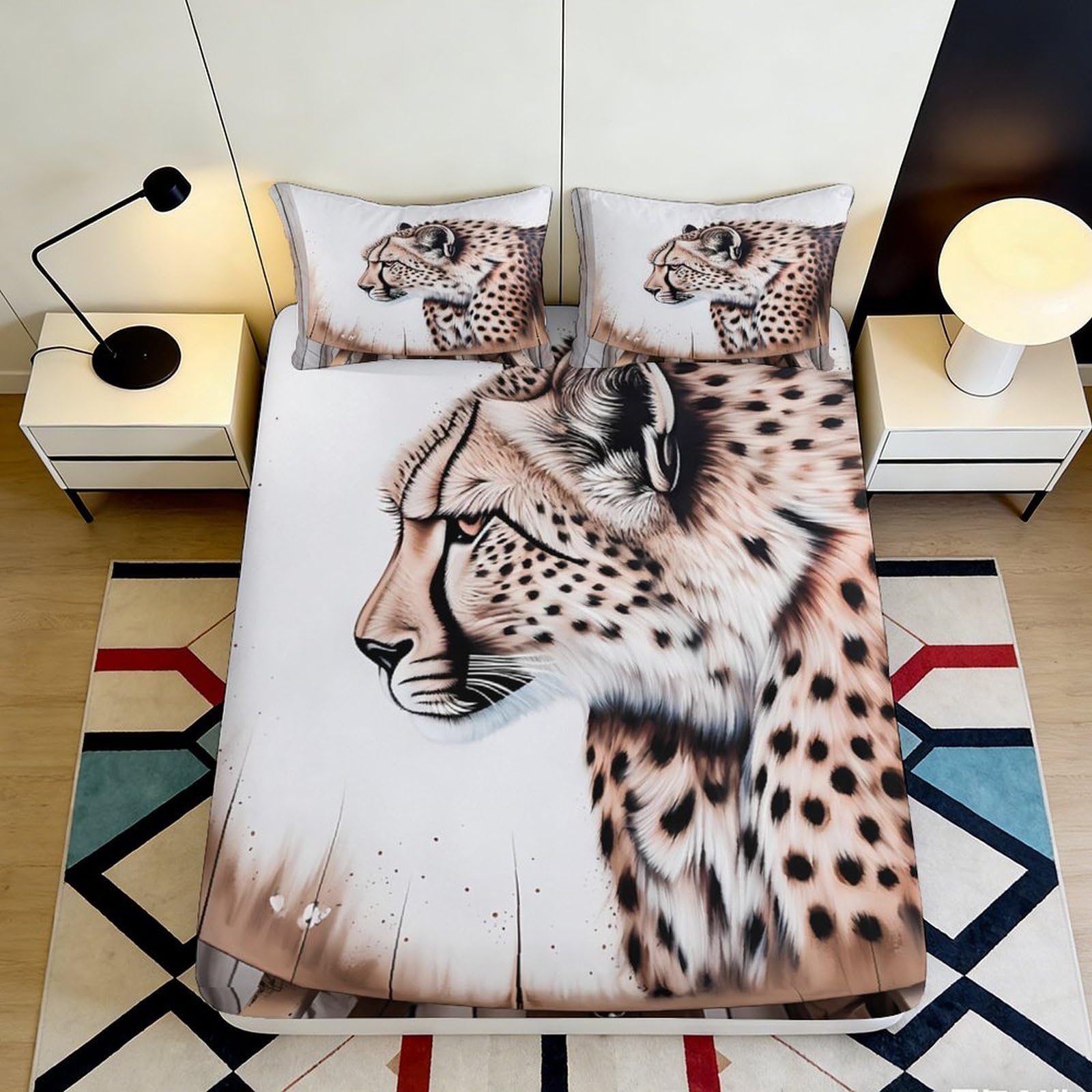 3D Printed Cheetah Pattern Fitted Sheet Microfiber Soft Breathable Leopard Design Mattress Cover for Bedroom Dormitory Guest Room Protection Decor 200x200x25cm