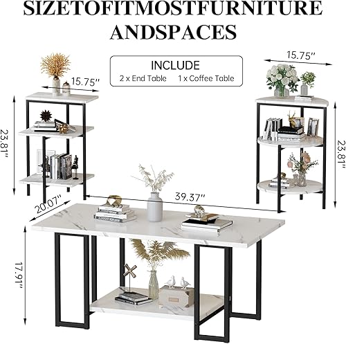 Miniatura 2 de AWQM Juego de mesa de mármol sintético, mesa auxiliar y 2 mesas auxiliares, mesa de mármol sintético y marco de metal, juegos de mesa de 3 piezas,