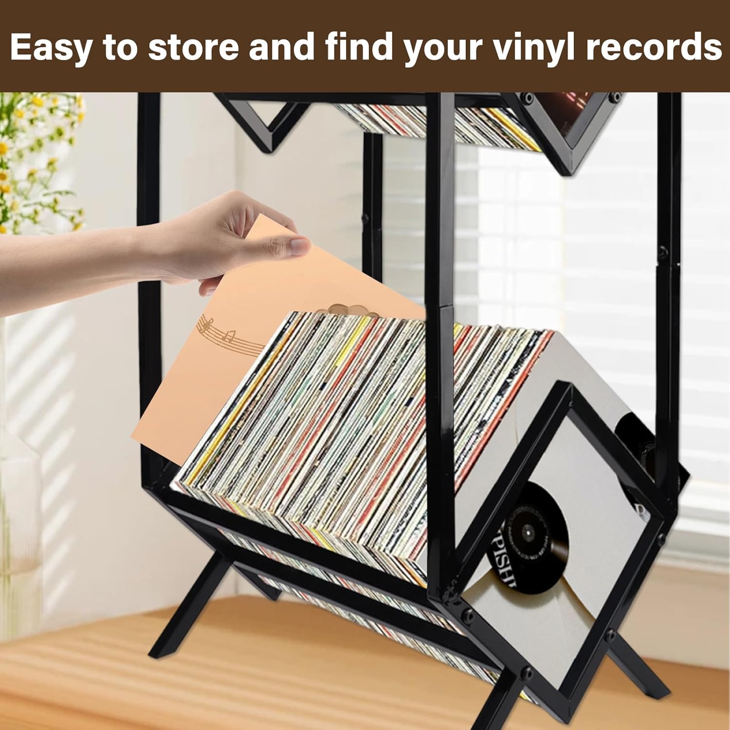Vinyl Record Storage Rack, 160-200 LP Vinyl Record Holder With Dividers 2-Tier Vinyl Records Display Shelf for Magazine, Book, Files, Albums, Matte Black