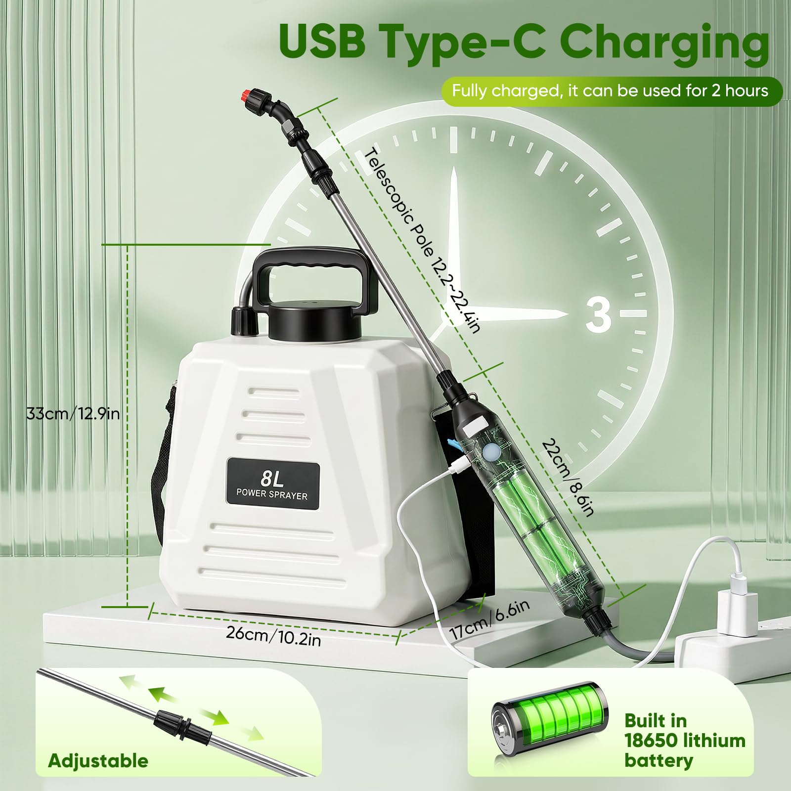Pulverizador Eléctrico de Jardín de 8 litros con Batería USB-C, 3 Boquillas, Lanza Extensible, Correa de Hombro para Riego y Control de Malezas