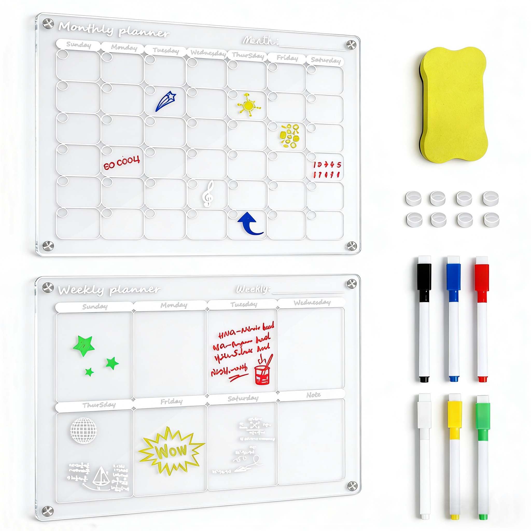 2 pezzi di calendario magnetico in acrilico, lavagna riutilizzabile per il frigorifero, chiara agenda familiare con gomma a secco magnetica, 6 pennarelli per pasti, menu, spesa, promemoria