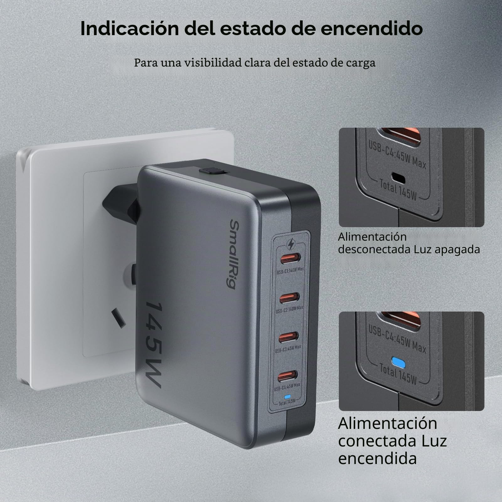 SMALLRIG Cargador USB-C de 145 W, Cargador Rápido Plegable GAN PD3.1 de 4 Puertos para MacBook Pro/Air, Adaptador de Corriente de Pared PPS para iPad, Batería con Montura en V - 4748