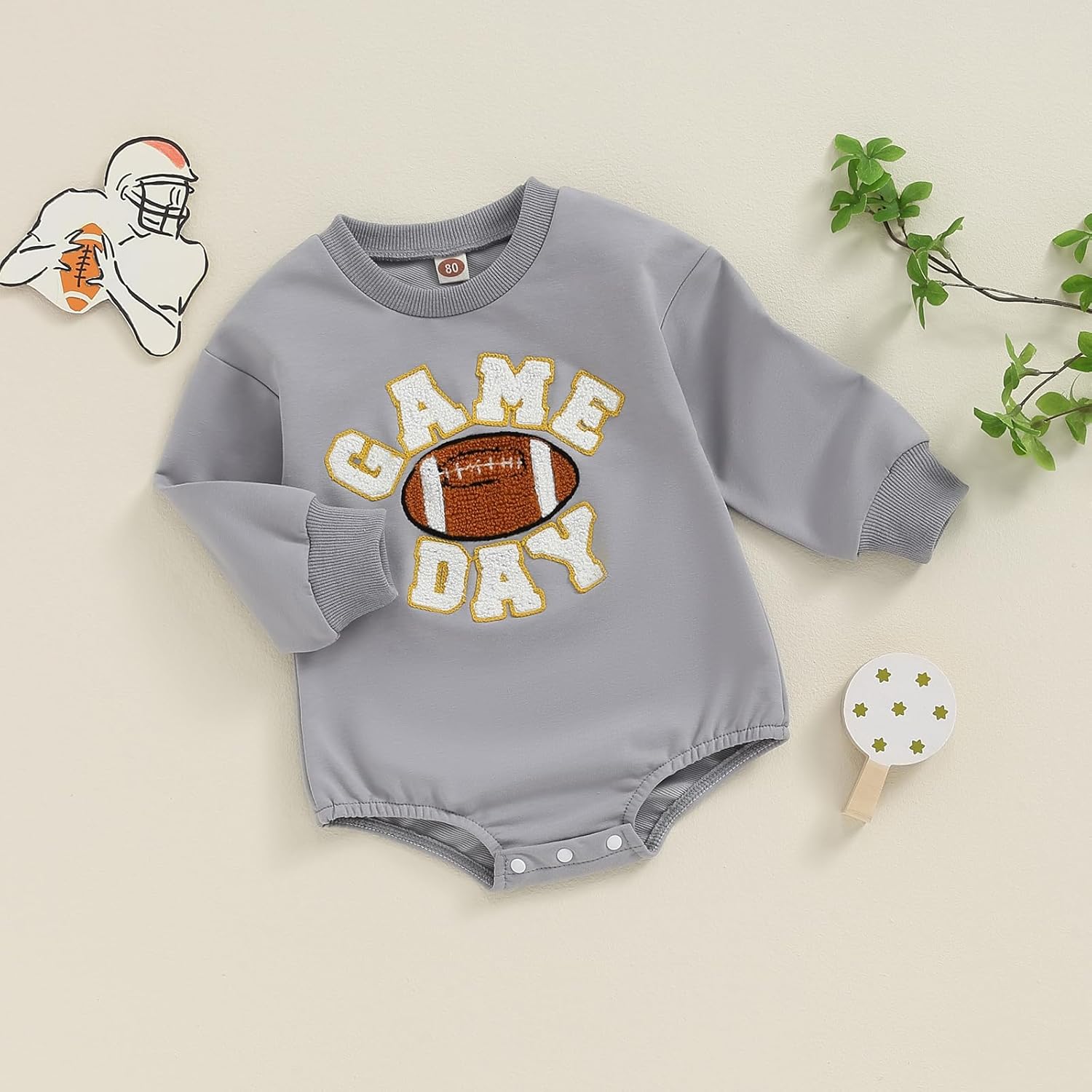 ZAXARRA Newborn Baby Boy Girl Fall Outfit Letter Football Print Embroidery Romper Long Sleeve Pullover Sweatshirt Jumpsuit - Image 3