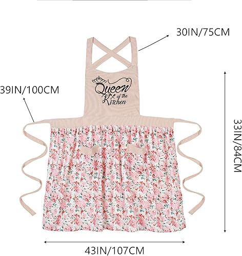 Miniatura 7 de Bonitos delantales florales para mujer con bolsillos, delantal de algodón ajustable con correa para el cuello para cocina, cocina, hornear,
