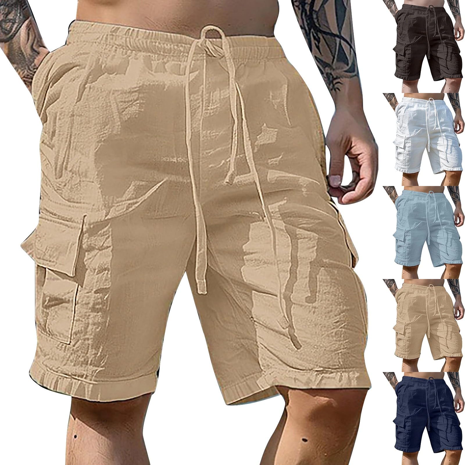 Men's Summer Loose Casual Linen Shorts Knee Length Shorts Men Drawstring Elasticated Waist-Casual Trousers with Pockets Workout Lounge Pants Mens for Work Travel Golf Cargo Trousers Khaki