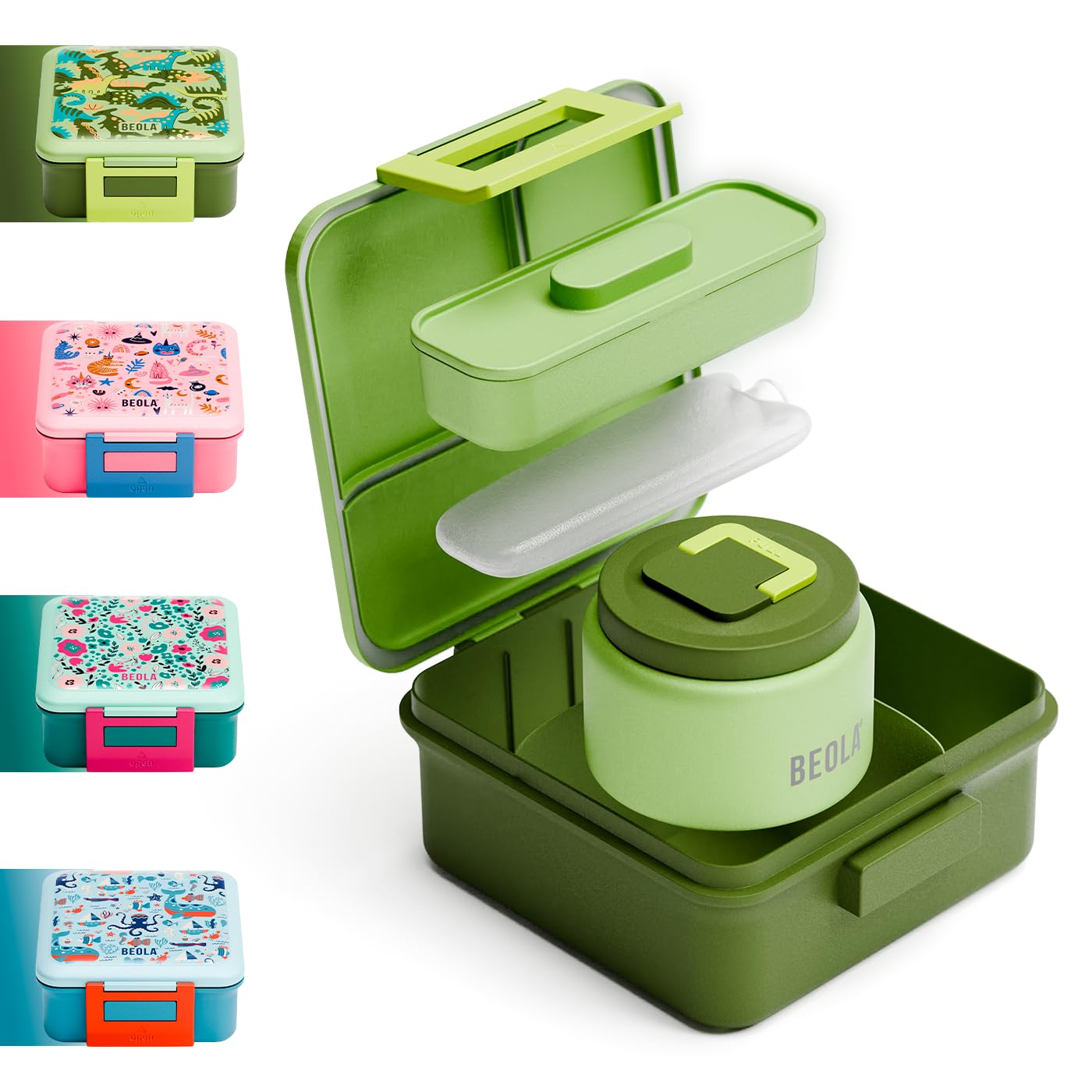 BEOLA Lunch Box for Kids with Food Jar Inside, Multi Compartment Bento Lunch Box with 240ml Food Thermos and Ice Pack, Tiffin Box for Kids with Insulated Steel Jar, Lightweight BPA free (Dino Dreams)
