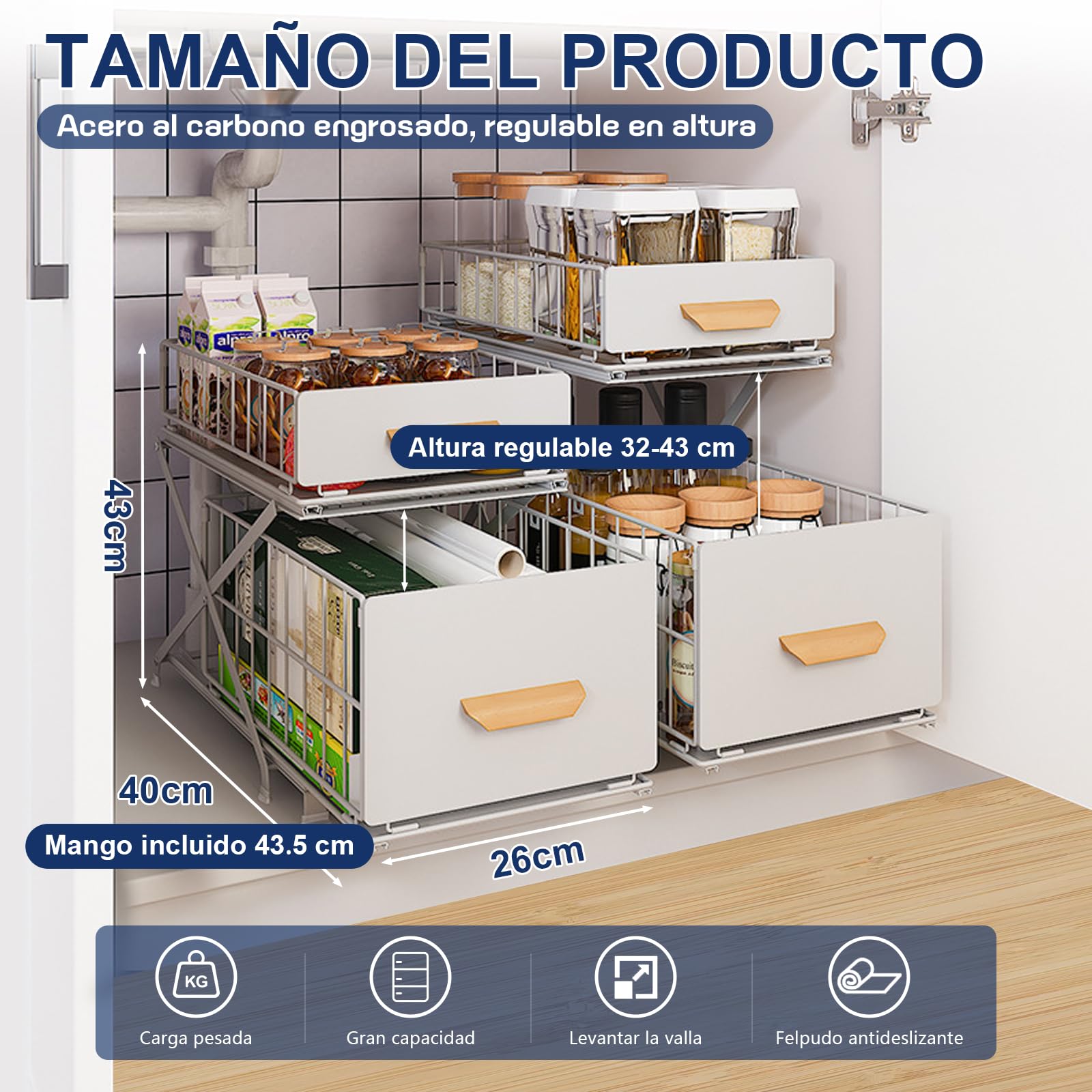 Estantería para especias, 2 niveles, encimera, cocina, organizador sin montaje, organizador extensible, espacio para especias y botellas (blanco)