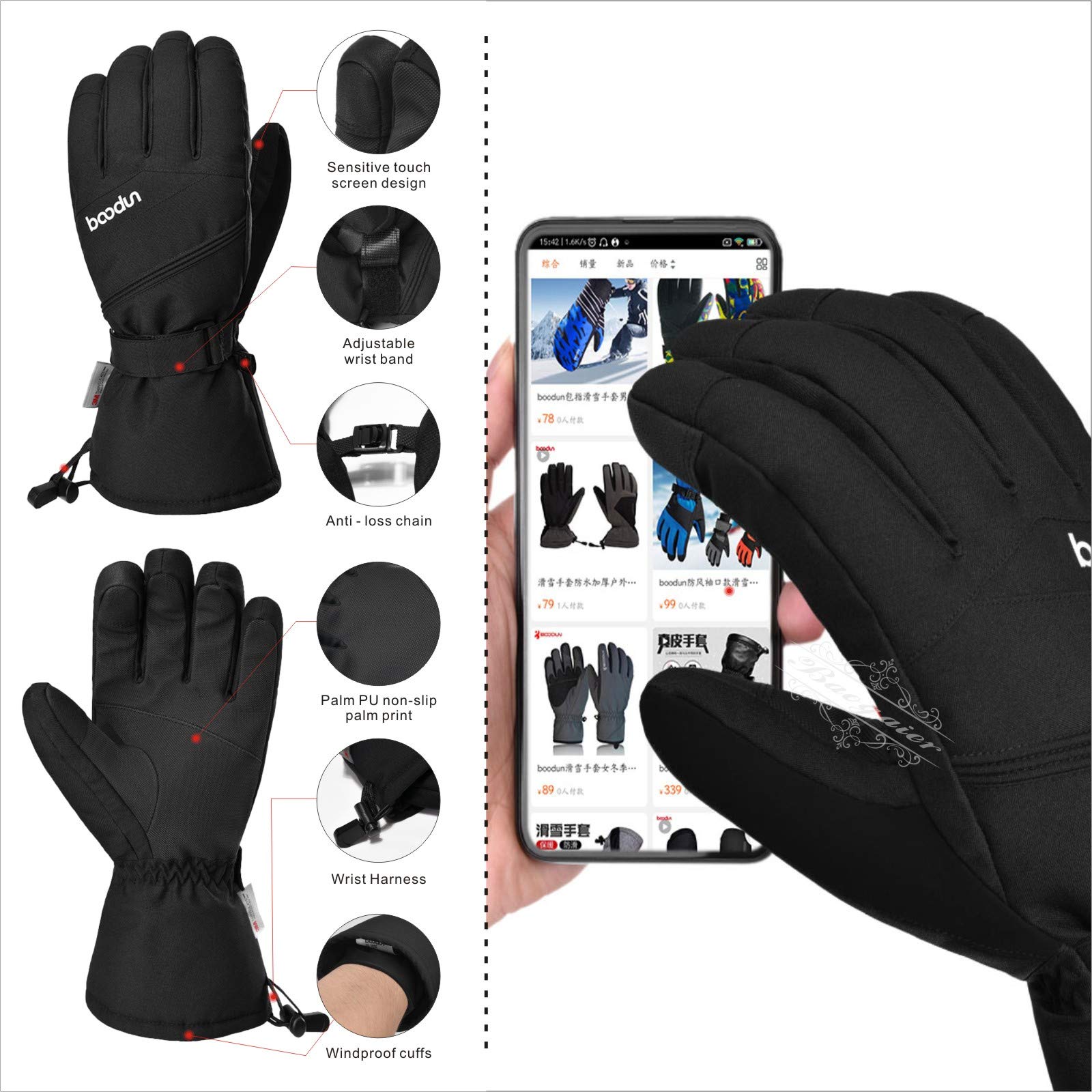Guanti Sci Termici Impermeabili Uomo Donna Snowledge – Modello Snowboard Invernale Caldo Antiscivolo Touch Screen – Colore Nero (Taglie Dalla S Alla XL) - 2