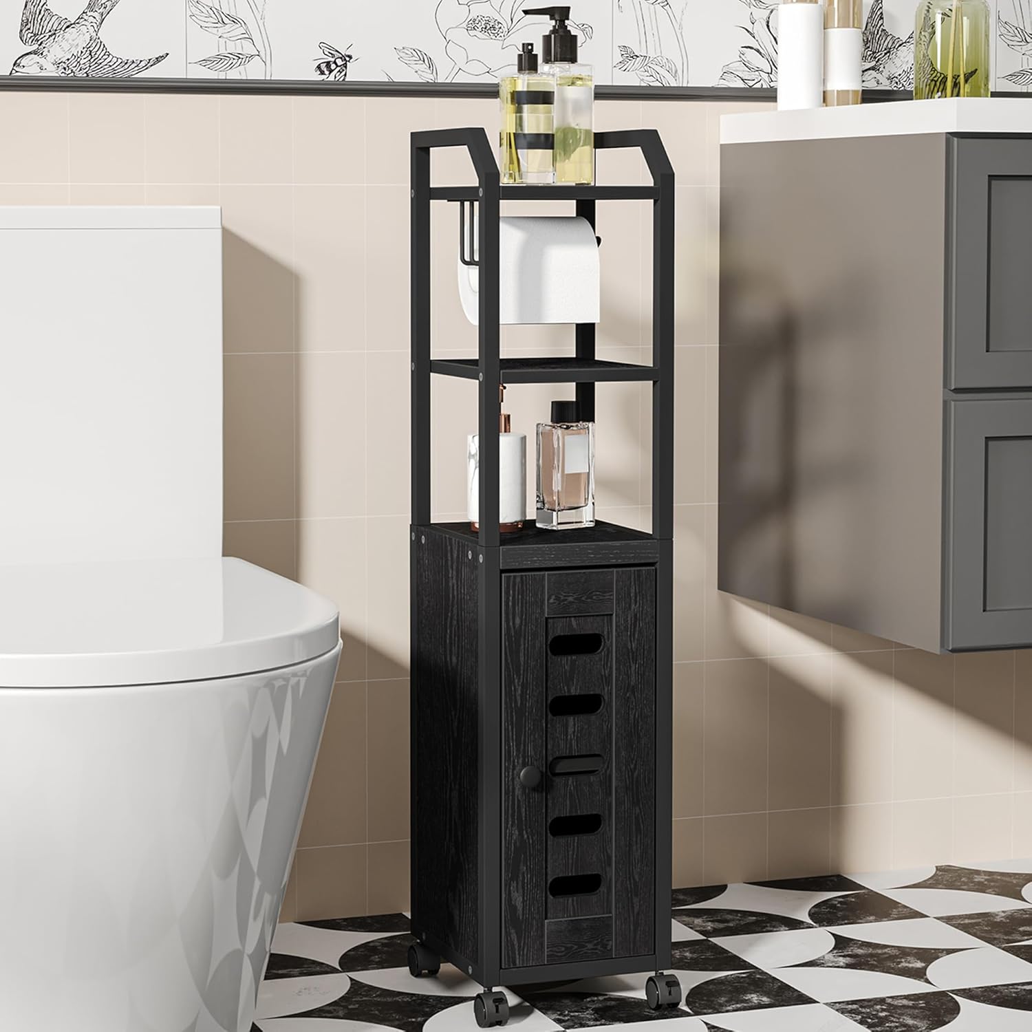 Bathroom Storage Cabinet - Toilet Paper Storage Cabinet, Small Toilet Paper Holder with 4 Wheels, Bathroom Organizer with Adjustable Shelf, for Small Spaces, Black BC04604X
