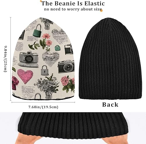 Miniatura 4 de Heart Locks Flowers Camera Retro Beanie Mens Slouchy Beanie for Women Warm for Skating Fall Decor Halloween Decor