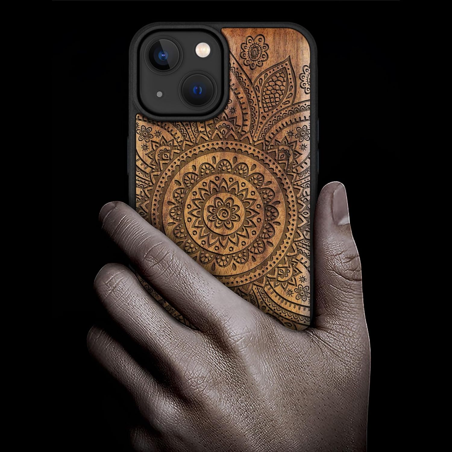 Carveit Magnetic Wooden Case for iPhone 15 Case, Compatible with MagSafe Wireless Chargers, Black Soft TPU Shockproof Cover & Wood Artisan Engraved (Indian Floral Mandala) - Walnut